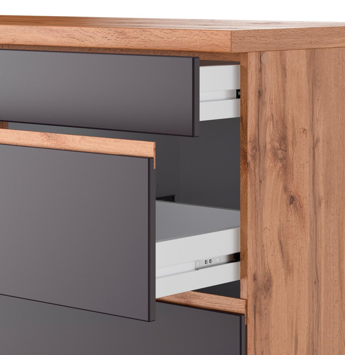 Küchenzeile Turin mit Geräten B: 300cm Grau/Wotaneiche Dekor - Eiche Wotan/Grau, Design, Holzwerkstoff (300cm) - Held