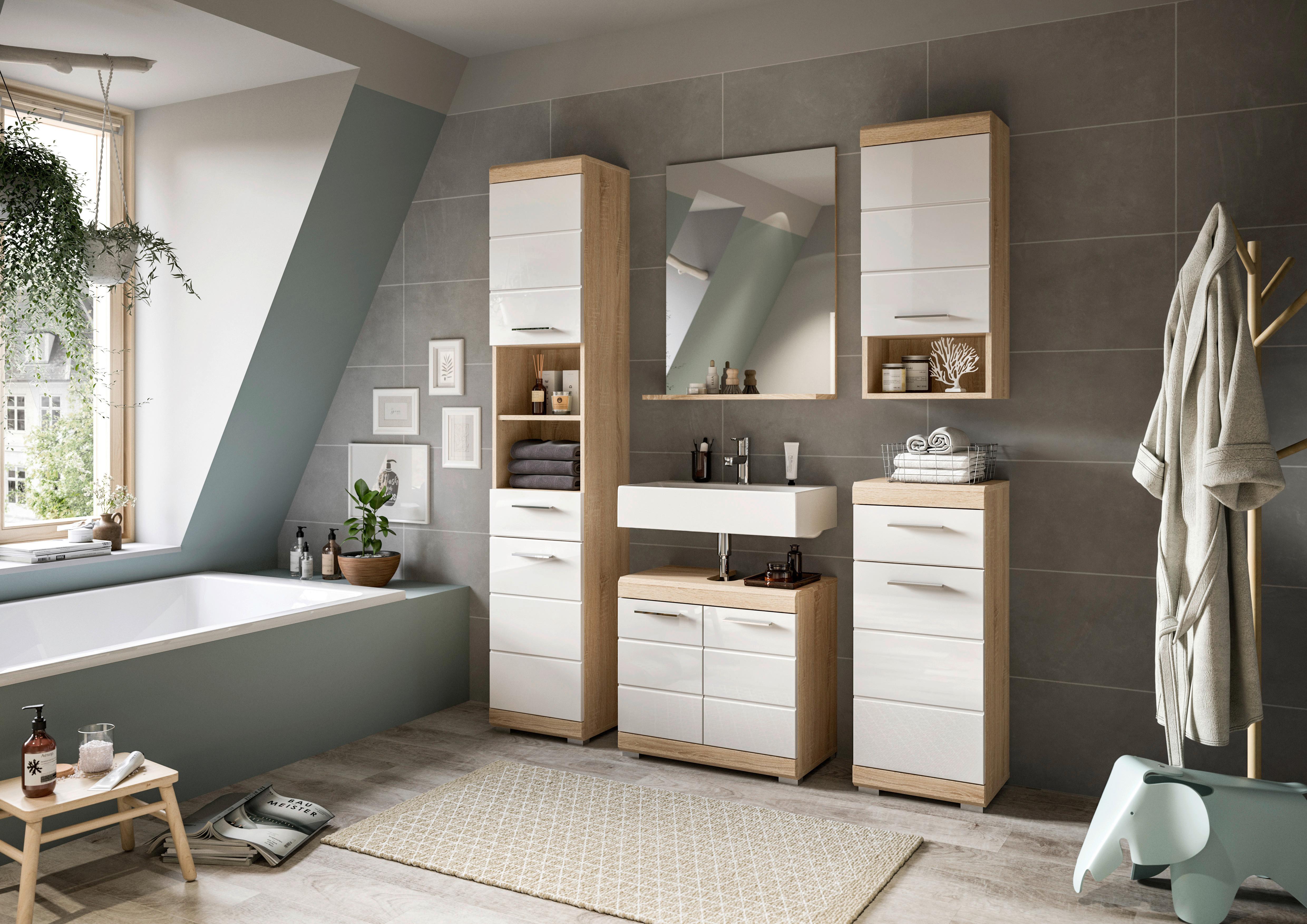 Midischrank Lambada Eiche Dekor/Weiß B: 74 cm - Weiß Hochglanz/Eichefarben, MODERN, Holzwerkstoff (74/88/31cm) - MID.YOU