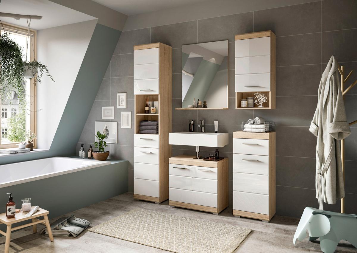 Midischrank Lambada Eiche Dekor/Weiß B: 74 cm - Weiß Hochglanz/Eichefarben, MODERN, Holzwerkstoff (74/88/31cm) - MID.YOU