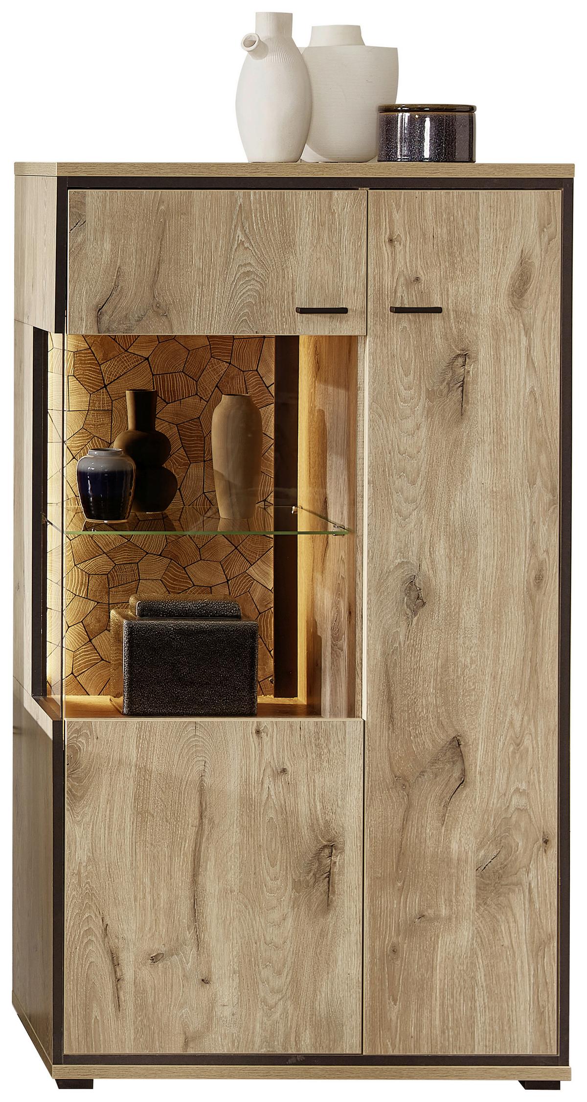 Vitrine Ruben - Eichefarben/Schwarz, KONVENTIONELL, Glas/Holzwerkstoff (80/144/40cm) - Livetastic