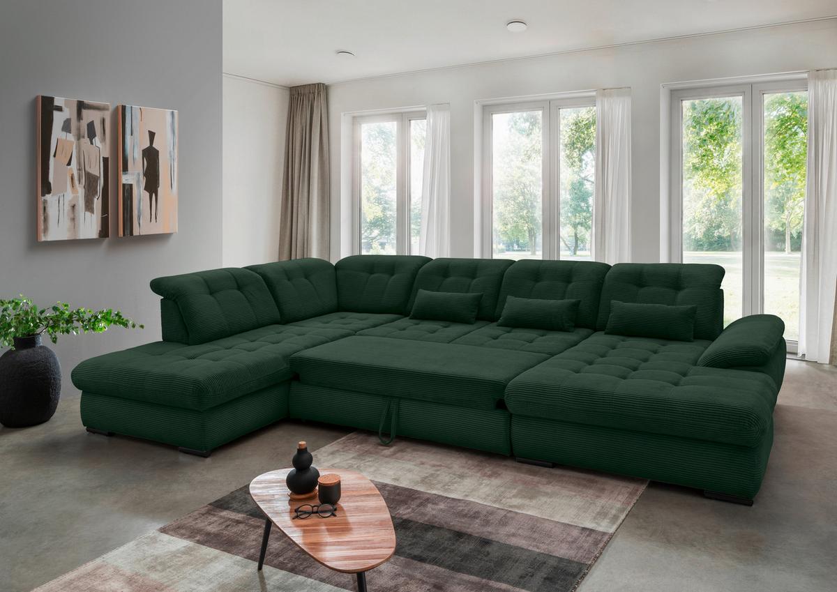 Wohnlandschaft Mit Bettkasten Rigatti Dunkelgrün B: 387 Cm - Dunkelgrün/Schwarz, MODERN, Textil (252/387/184cm) - Livetastic