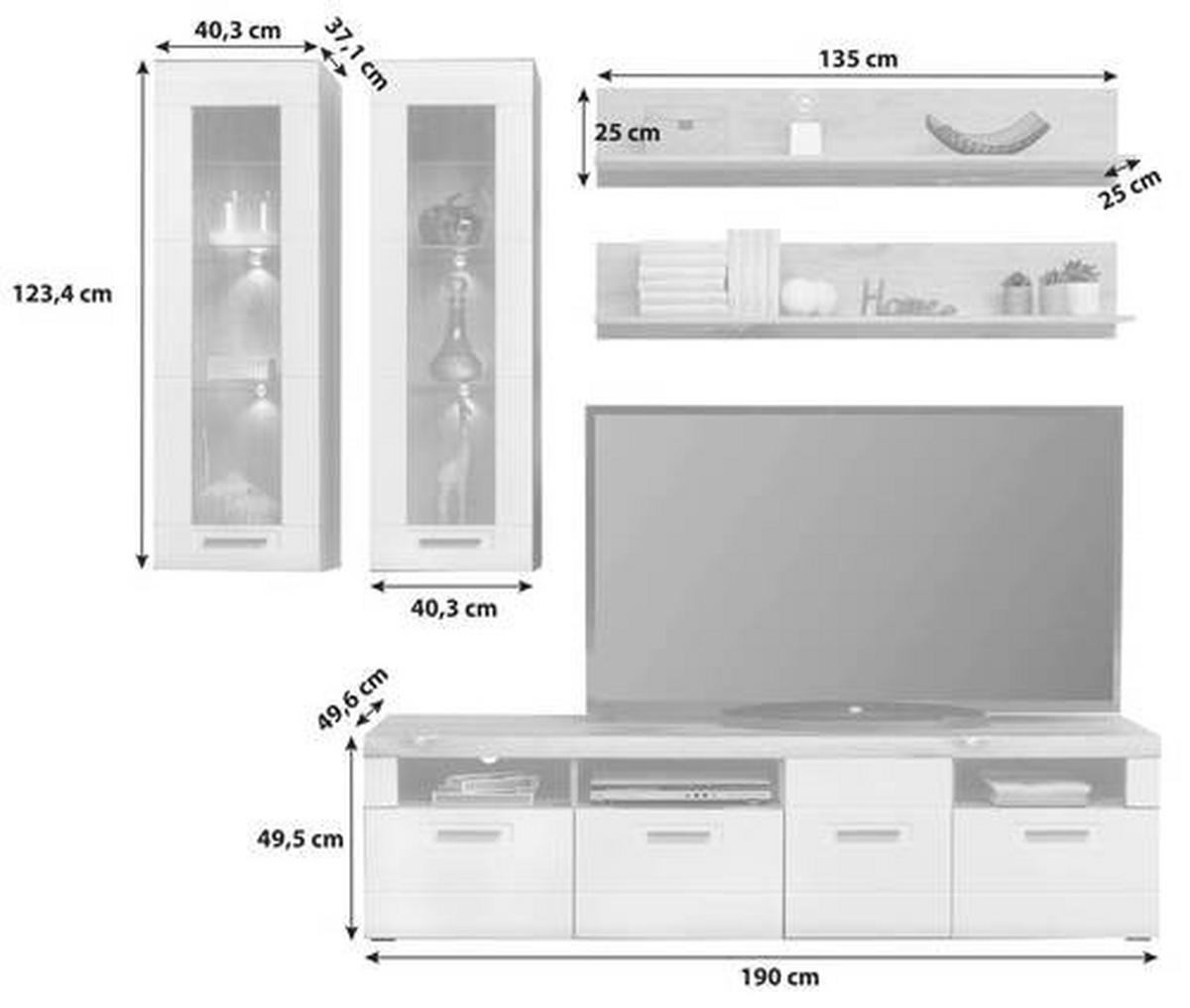 Wohnkombination 5-Tlg. Auris, Weiß/Eiche Dekor - Eichefarben/Weiß, MODERN, Glas/Holzwerkstoff (230,3/204,2/49,6cm) - Luca Bessoni