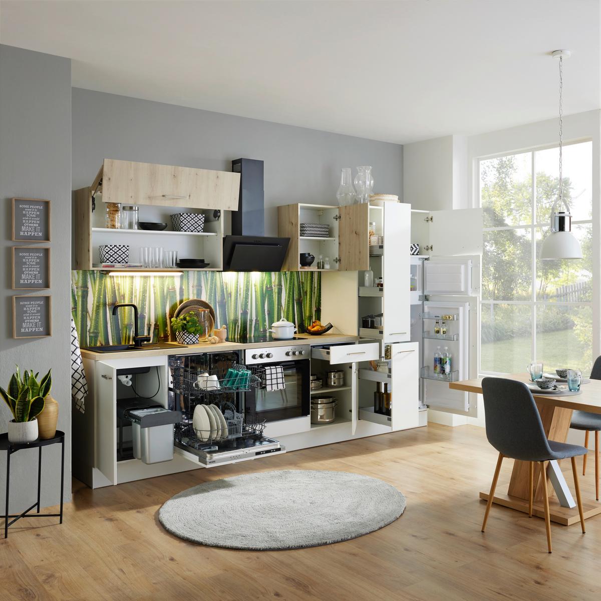 Küchenzeile Ip1200 mit Geräten 310 cm Weiß/Eiche Dekor - Eichefarben/Weiß, Basics, Holzwerkstoff (310cm)