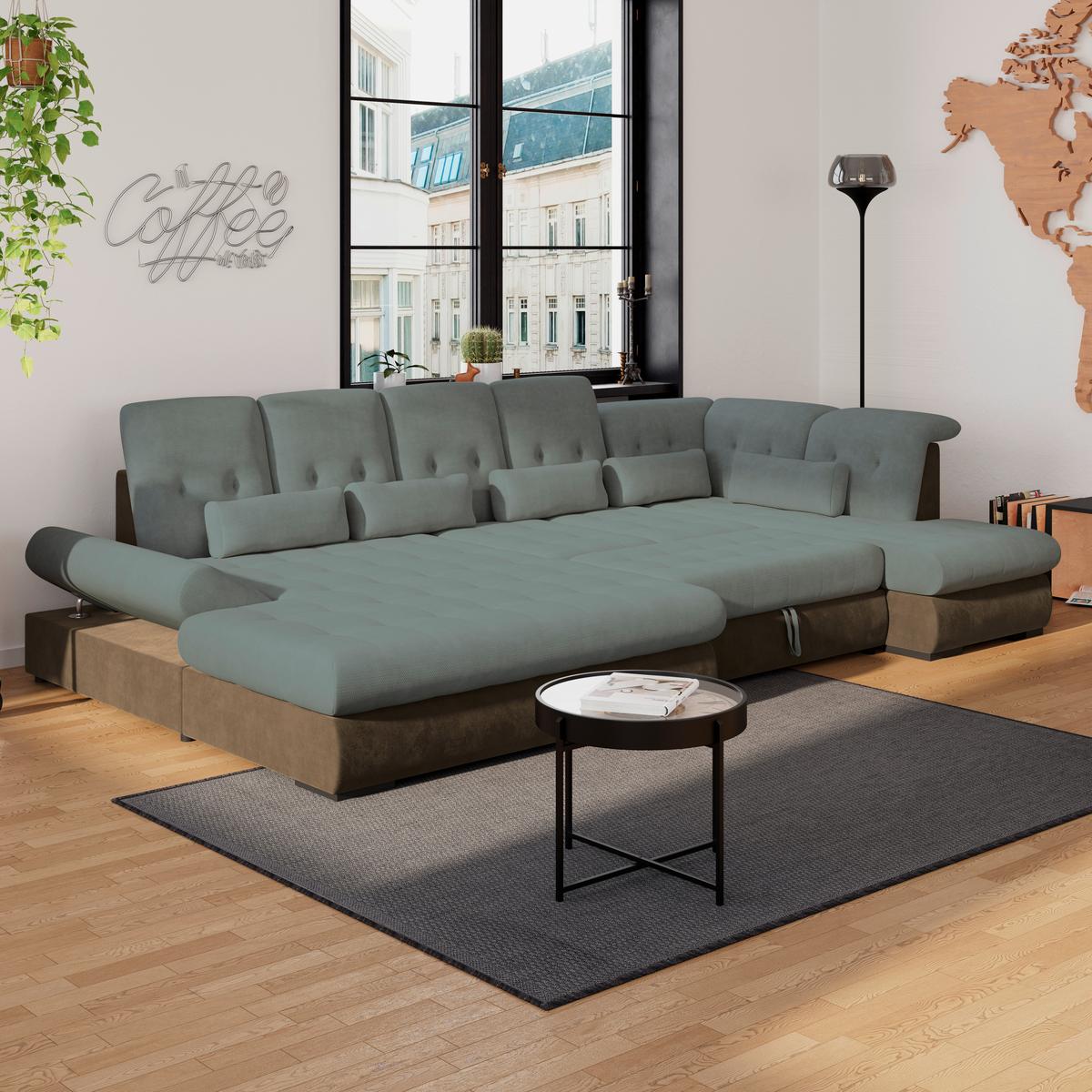 Wohnlandschaft Madera Blaugrün S: 358x312 cm - Blau/Hellbraun, KONVENTIONELL, Kunststoff/Textil (190/358/212cm)