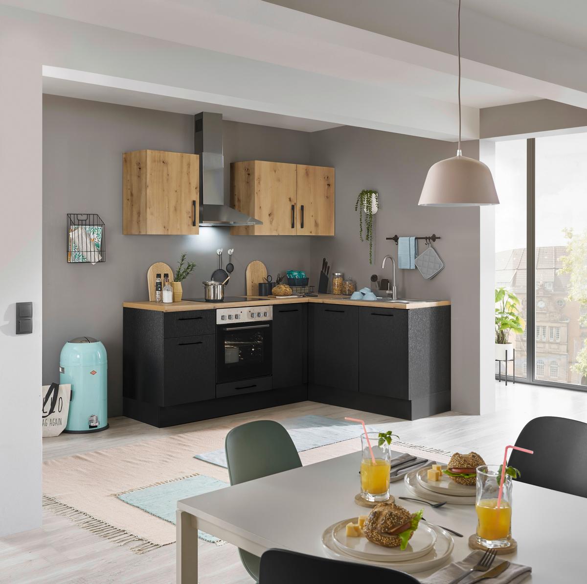 Eckküche Turin Schwarz/Eiche Dekor 210x165 cm - Schwarz/Eiche Artisan, Basics, Holzwerkstoff (210/165cm) - MID.YOU