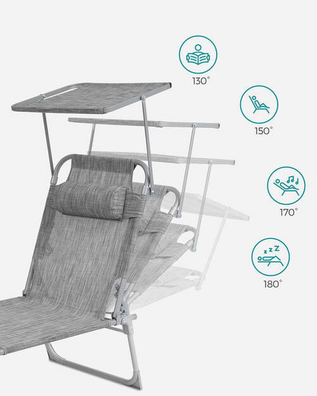 Sonnenliege Grau, Hellgrau inkl. Sonnendach, B: 53 cm - Hellgrau/Grau, Basics, Textil/Metall (53/29.5/193cm) - Modante