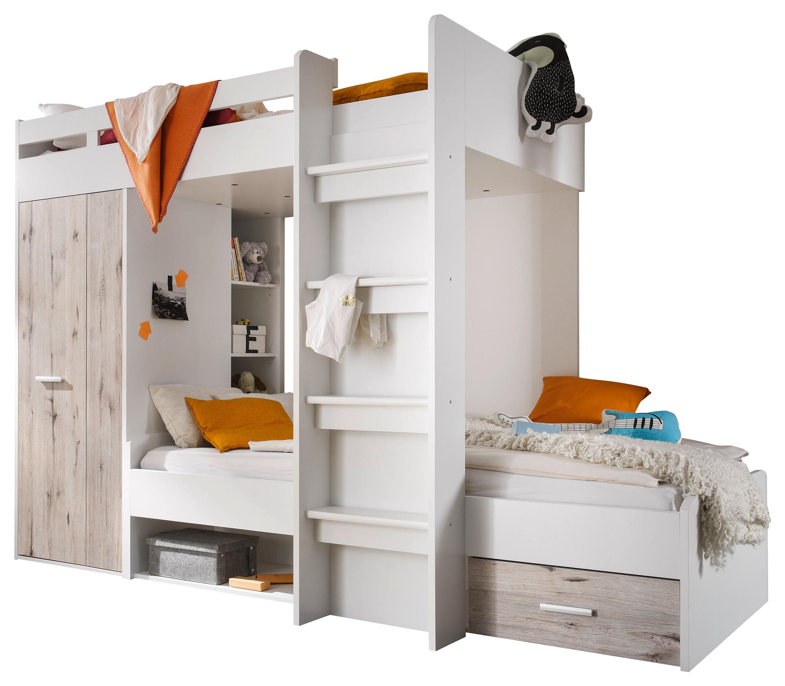 Etagenbett Maxi Weiß/Eiche Dekor 90 cm Schrank Stauraum - Eichefarben/Weiß, KONVENTIONELL, Holzwerkstoff (90/200cm) - MID.YOU
