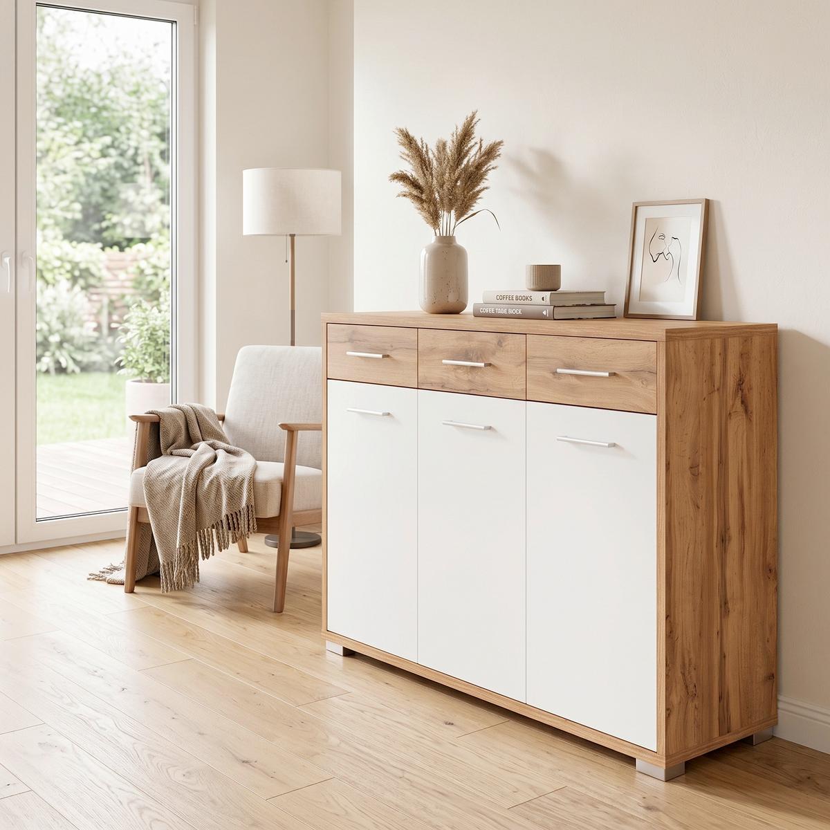 Kommode B 144 cm Q-BIG New, Wotan Eiche Dekor/Weiß - Eichefarben/Weiß, MODERN, Holz (144/105/44cm)