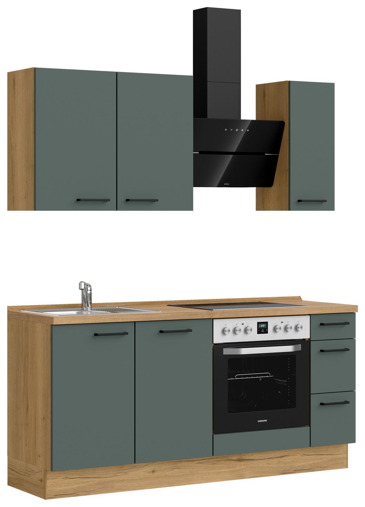 Kuchyňská linka 180 cm, minerální zelená, ultra matná - barvy dubu/černá, Moderní, kov/kompozitní dřevo (180cm) - Nobilia