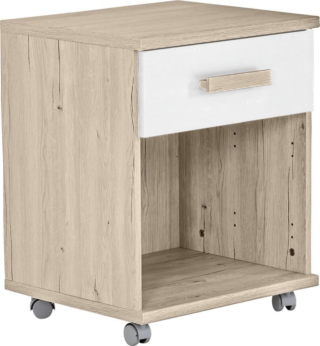 Kontejner na kolečkách CARIBA 4 kolečka - bílá/barvy dubu, Design, kompozitní dřevo/plast (46/59/45cm) - MID.YOU
