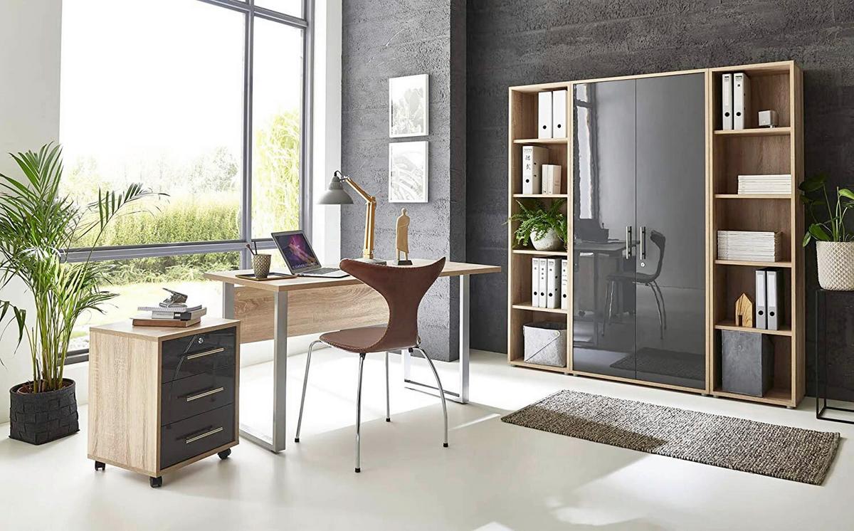 Büro Office Edition Eiche Dekor/anthrazit Hg - Anthrazit Hochglanz/Sonoma Eiche, MODERN, Holzwerkstoff/Metall - MID.YOU