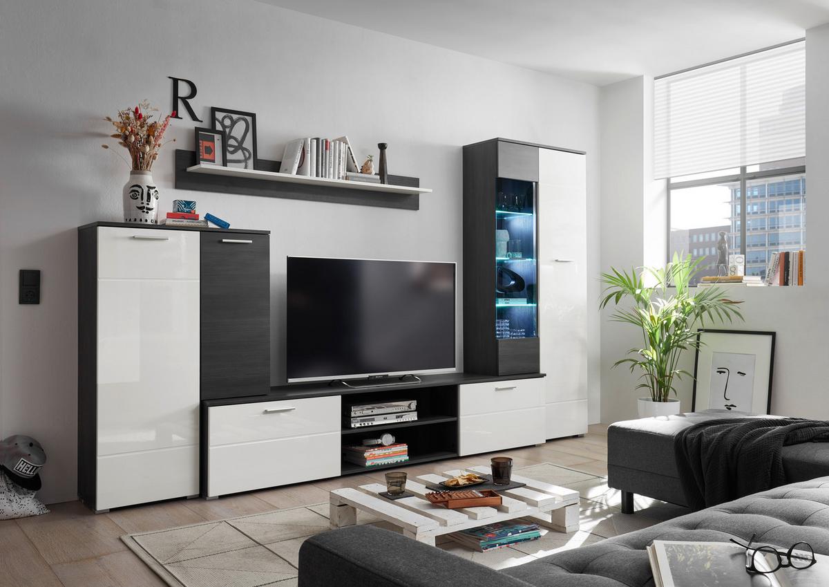 Wohnwand 4-tlg. Mit Led Melody, Weiß/anthrazit - Weiß Hochglanz/Anthrazit, KONVENTIONELL, Glas/Holzwerkstoff (312/190cm) - MID.YOU