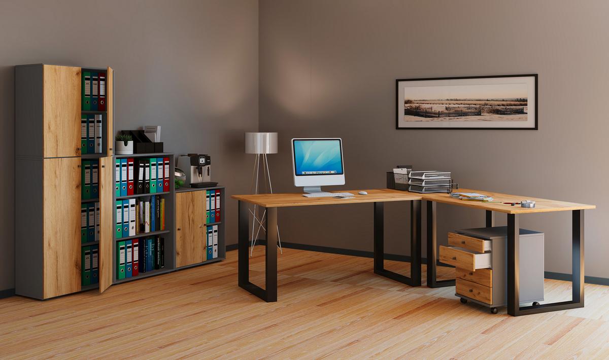 Schreibtisch Lona Schwarz/eiche D. L: 130 Cm - Honigeiche/Silberfarben, Design, Holzwerkstoff/Metall (130/130/76cm) - MID.YOU