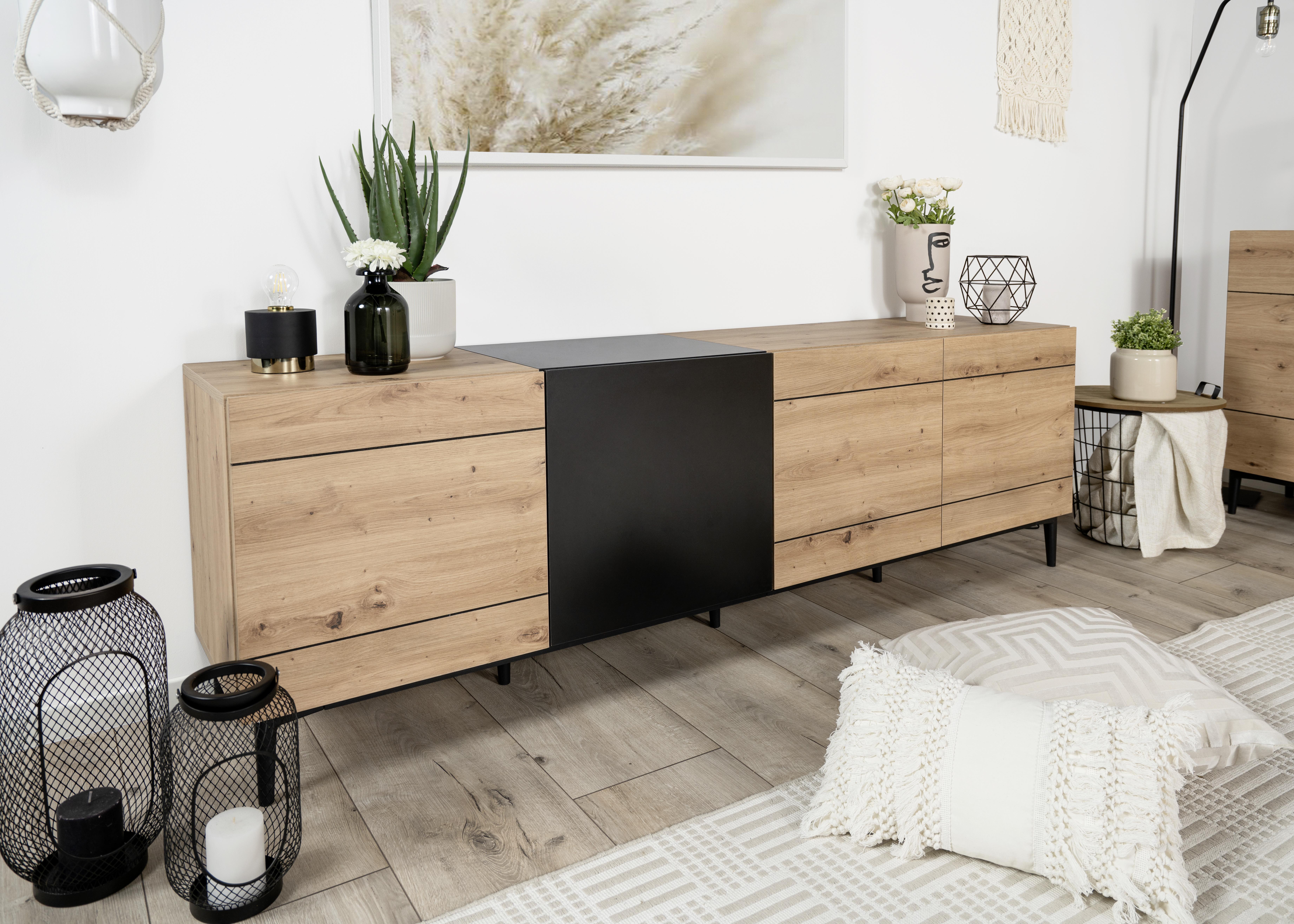 Sideboard Nola 200 cm Schwarz/Eiche Dekor - Eichefarben/Schwarz, KONVENTIONELL, Holzwerkstoff (200/65/42cm) - MID.YOU