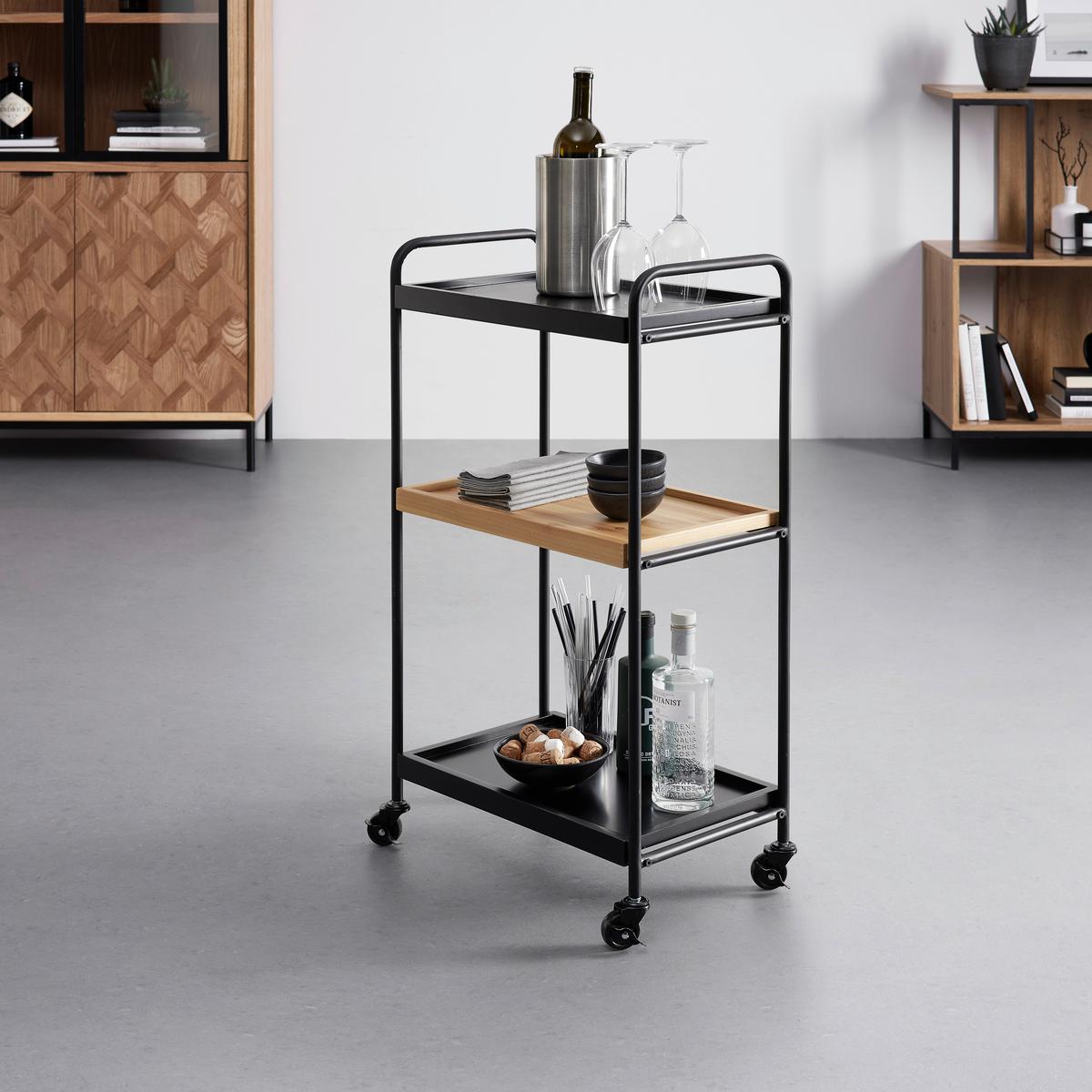 Servírovací vozík GIORGIA - čierna/farba duba, Modern, kov/drevo (50/89/30cm) - Bessagi Home