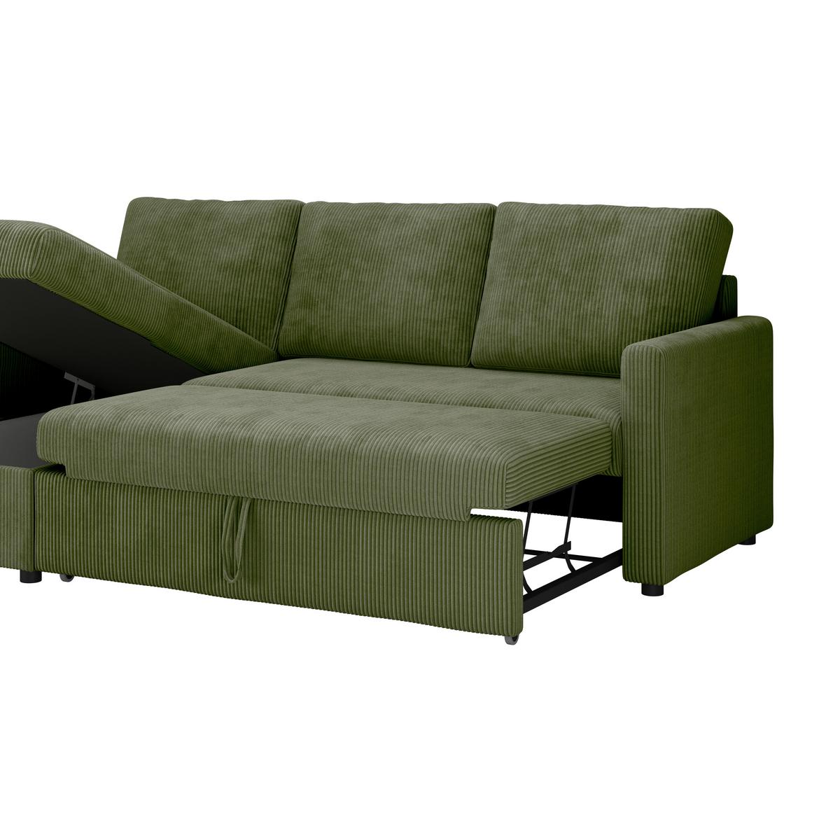 Ecksofa mit Schlaffunktion Paris Grün Cord 215x145cm - Schwarz/Grün, Basics, Holz/Holzwerkstoff (215/145cm)