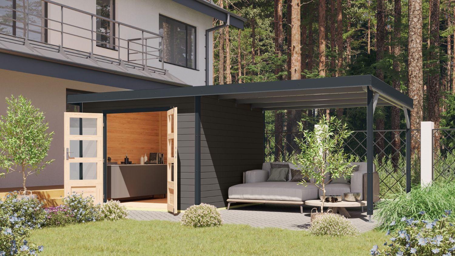 Gartenhaus mit Anbaudach Anthrazit - Anthrazit/Grau, Basics, Holz/Metall (271/218/271cm)