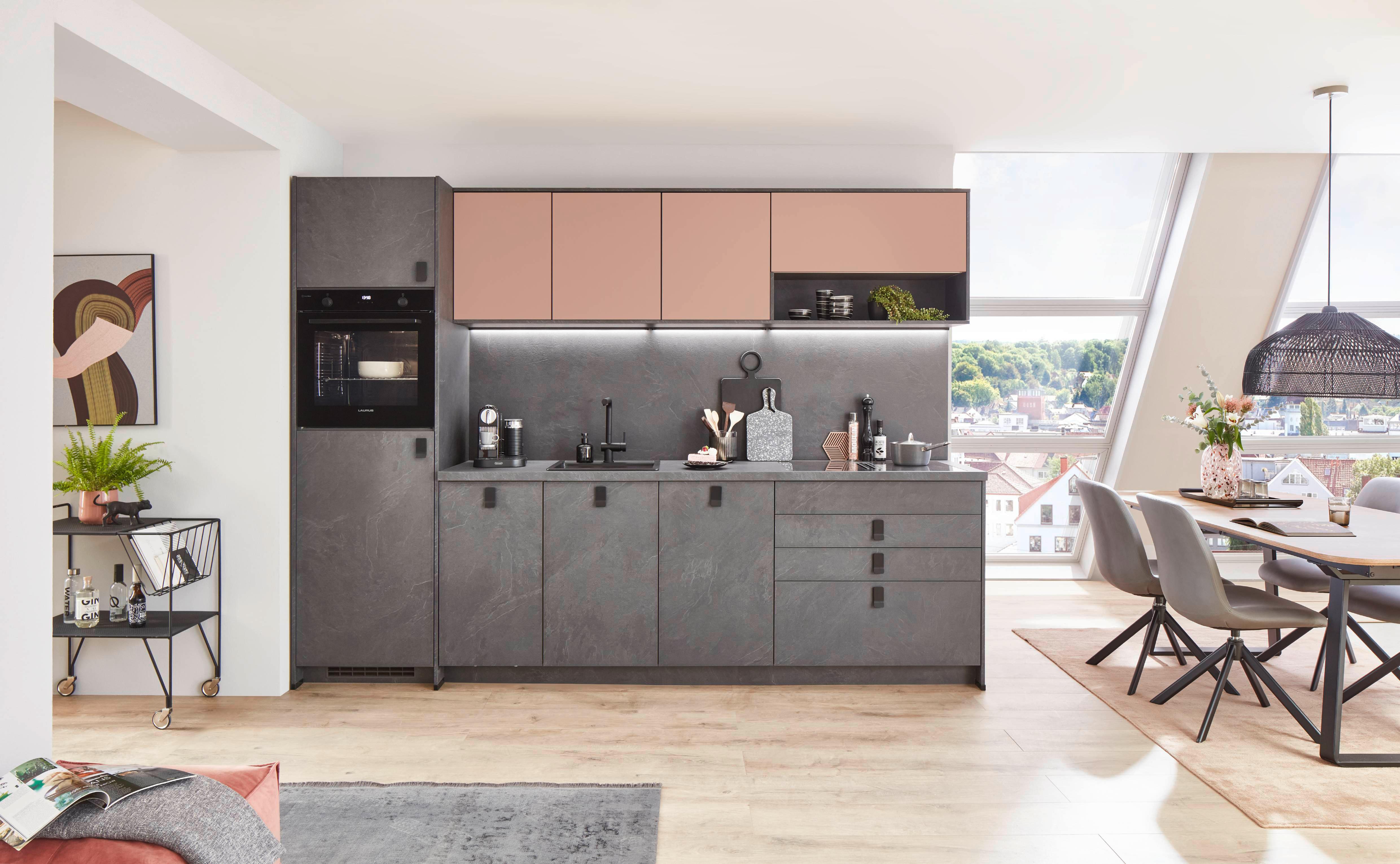 Küchenblock Stone/Sidney - Schieferfarben/Rosa, Basics, Holzwerkstoff (300cm) - Vertico