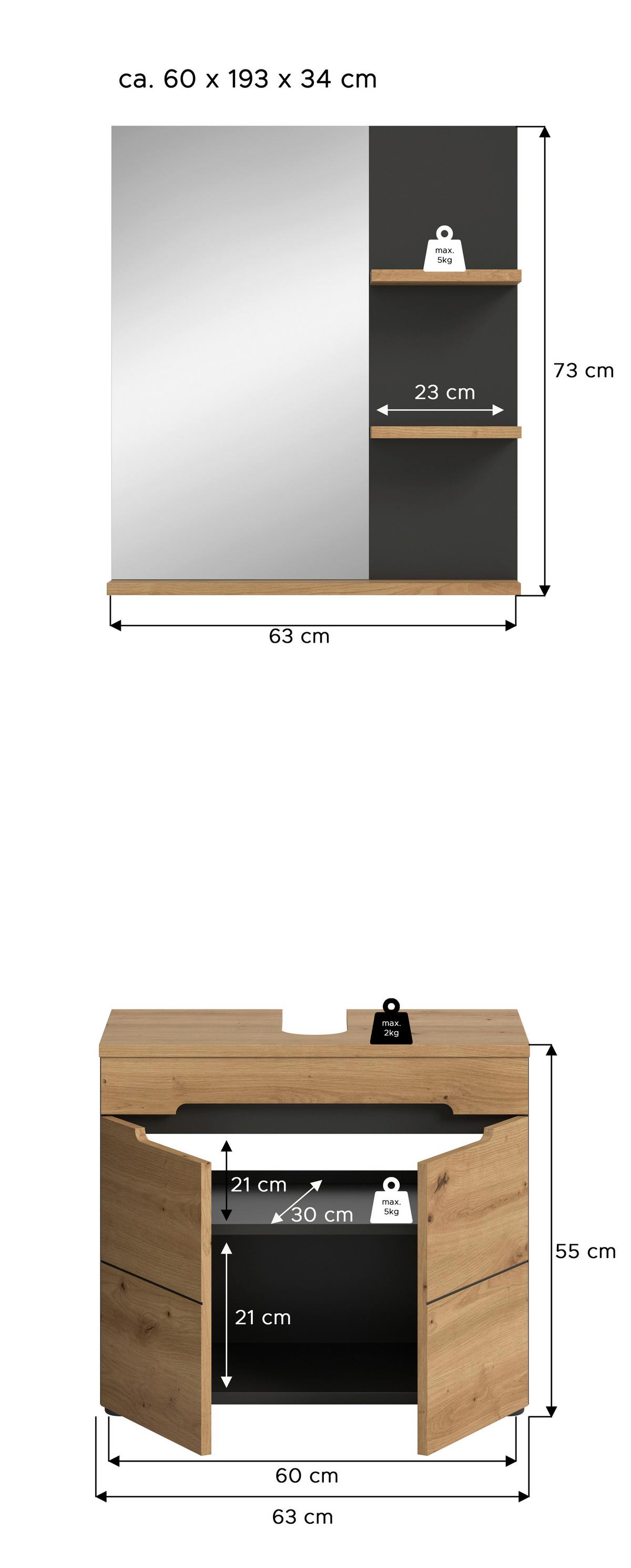 Badezimmer Canu Eiche Artisan Dekor B: 63 cm - Schwarz/Eiche Artisan, MODERN, Glas/Holzwerkstoff (63cm) - MID.YOU
