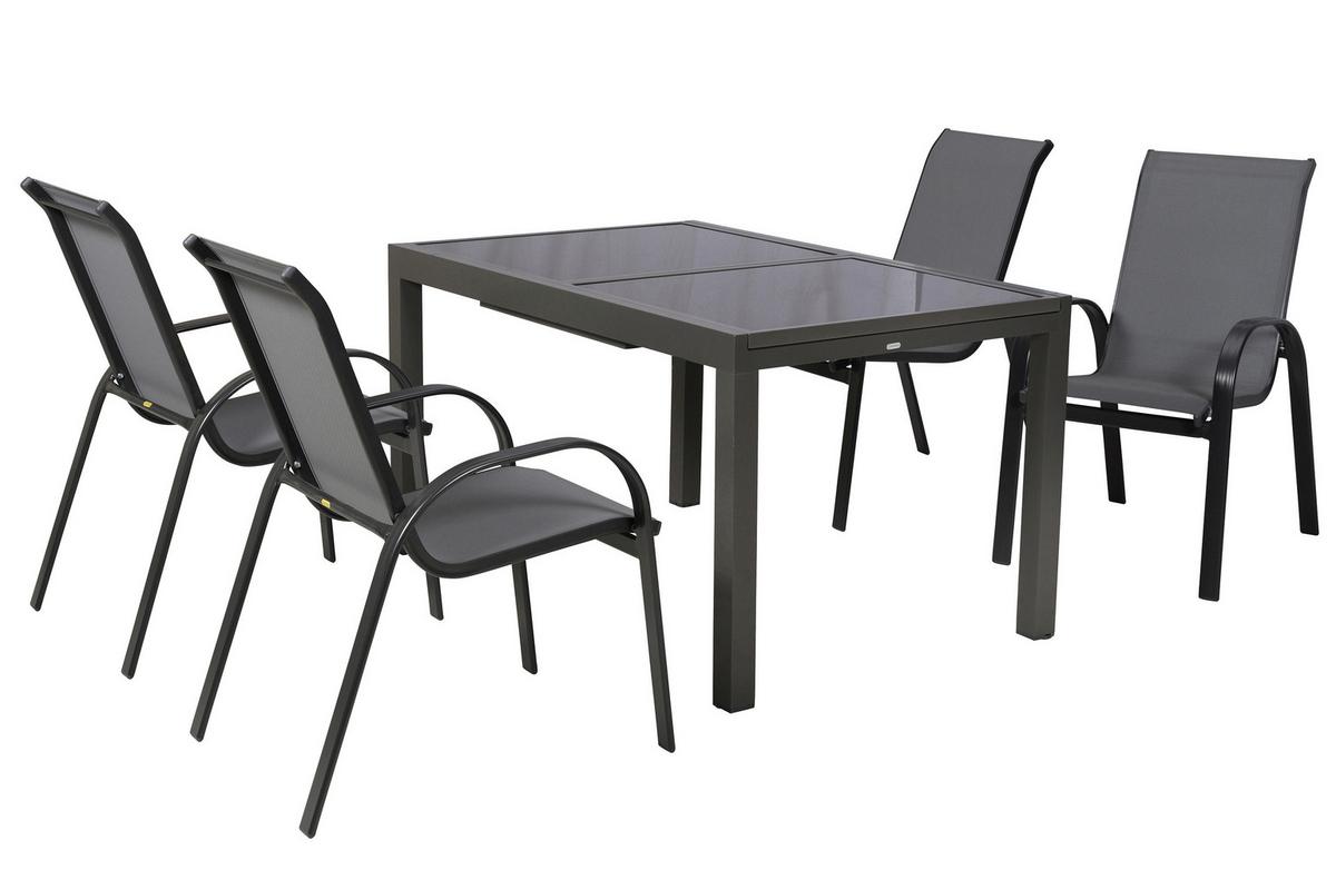 Gartentischgruppe Amalfi 5 -teilig. Graphitfarben/Grau - Graphitfarben/Grau, KONVENTIONELL, Glas/Textil - Gardenson