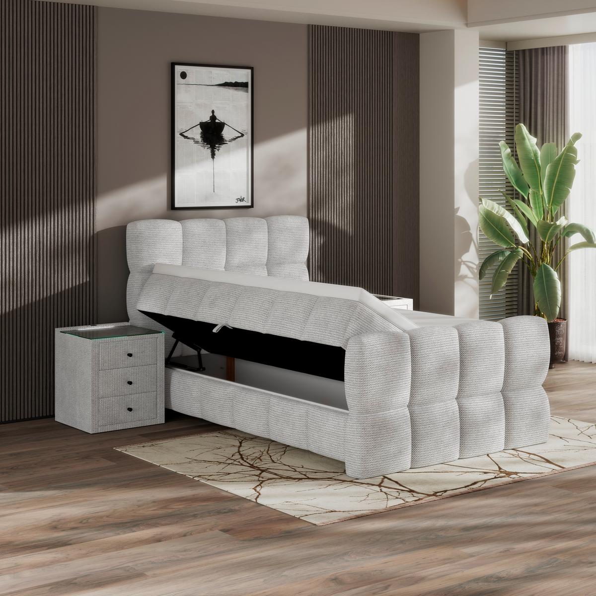 BOXSPRINGBETT inkl. Bettkasten 120x220 - Grauweiß/Schwarz, Trend, Holz/Holzwerkstoff (120/220cm) - Sembella