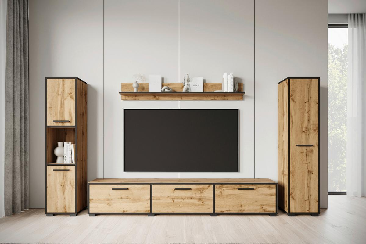 Wohnwand 4 -Teilig. Bogota XL Wotan Eiche Dekor - Eiche Wotan/Schwarz, Basics, Holzwerkstoff (240/130/31cm) - MID.YOU