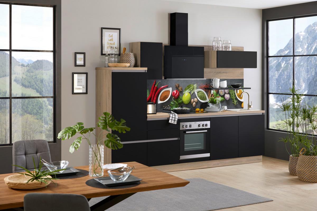Konyhablokk Moon - fekete/tölgyfa, Design, faalapú anyag (300cm) - Express