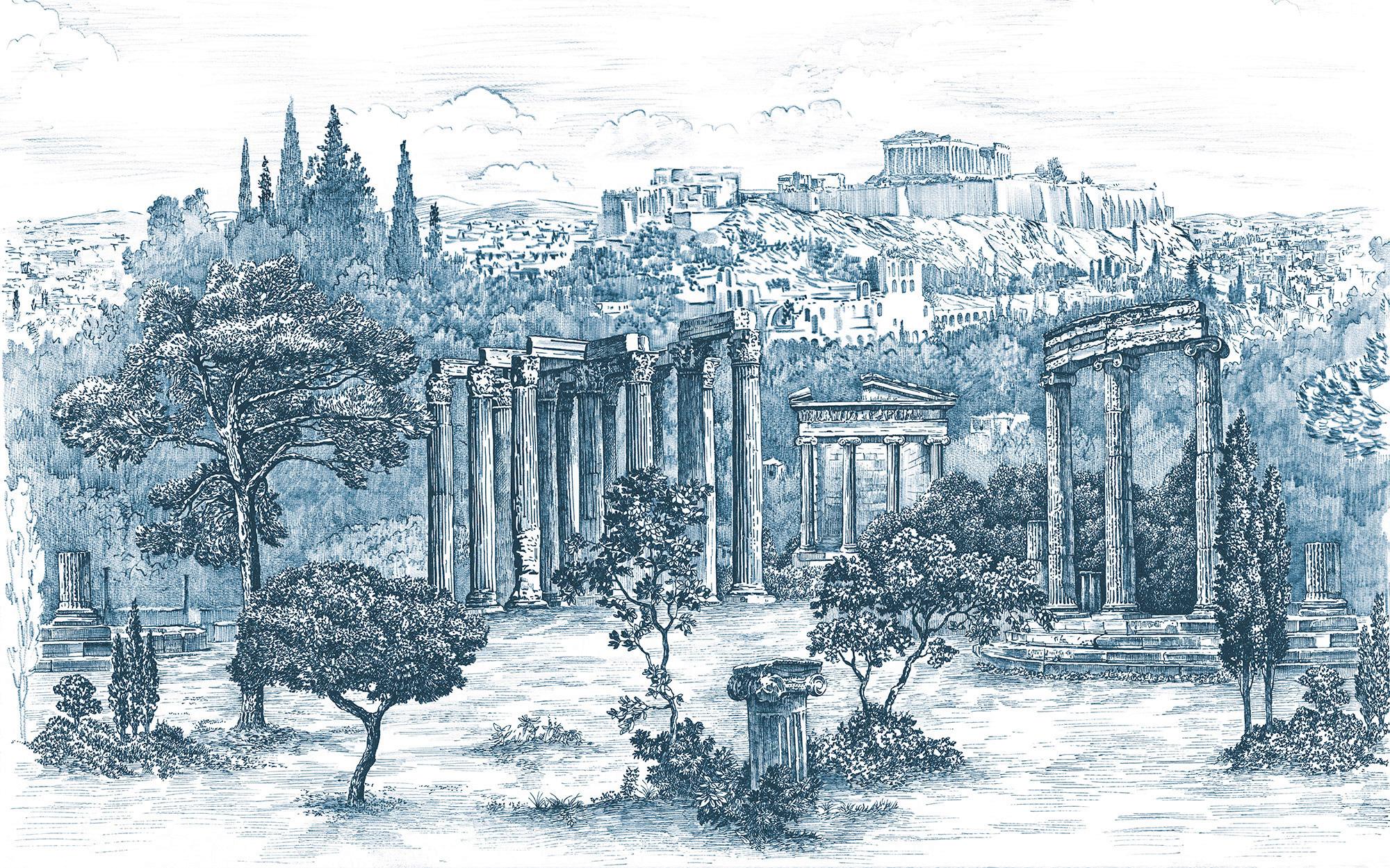 Vliestapete Ruins - Blau/Weiß, Basics (400/250cm) - Komar