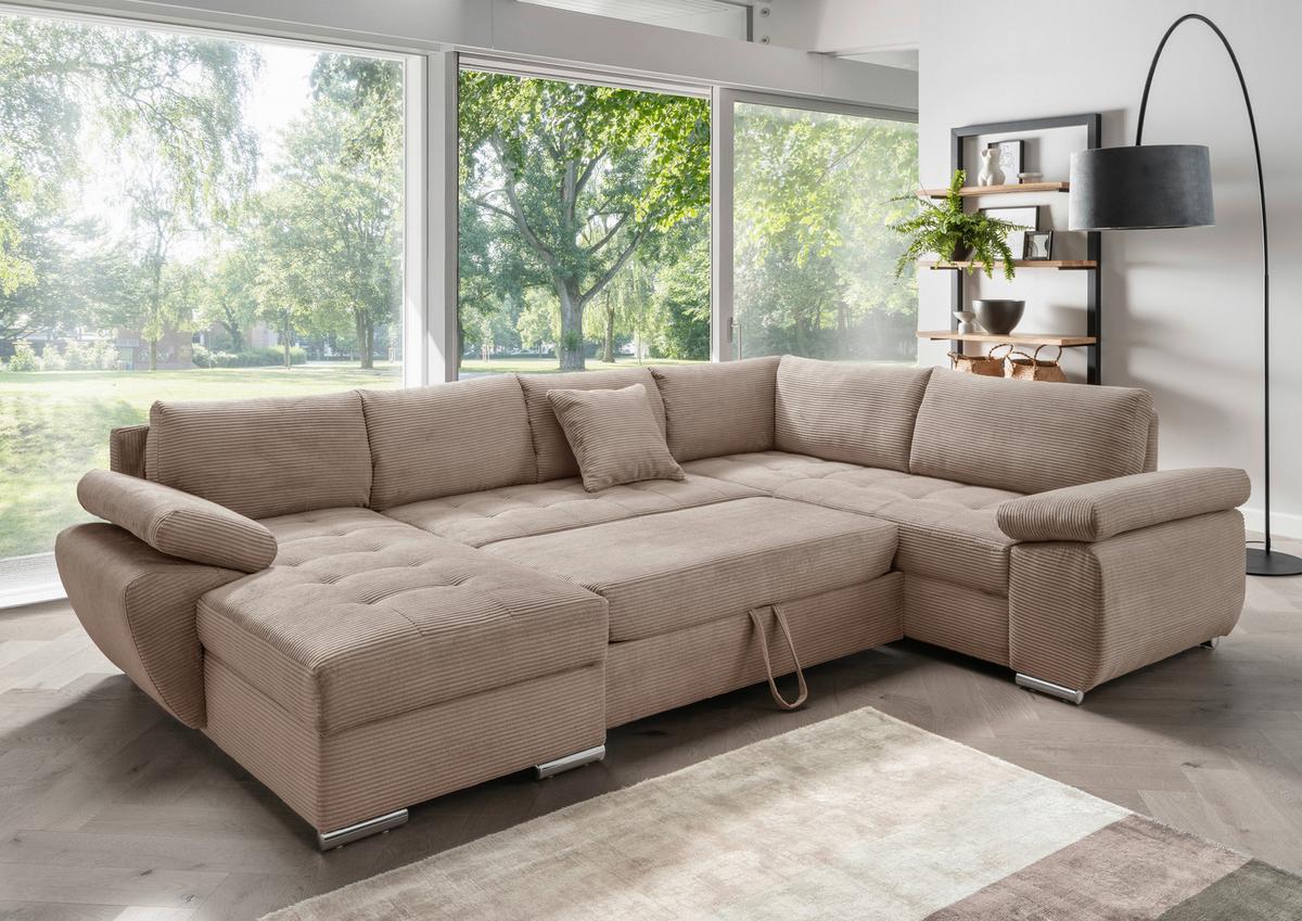 Wohnlandschaft Terana mit Schlaffunktion, Goldbraun - Chromfarben/Graubraun, KONVENTIONELL, Textil (157/305/219cm) - Livetastic
