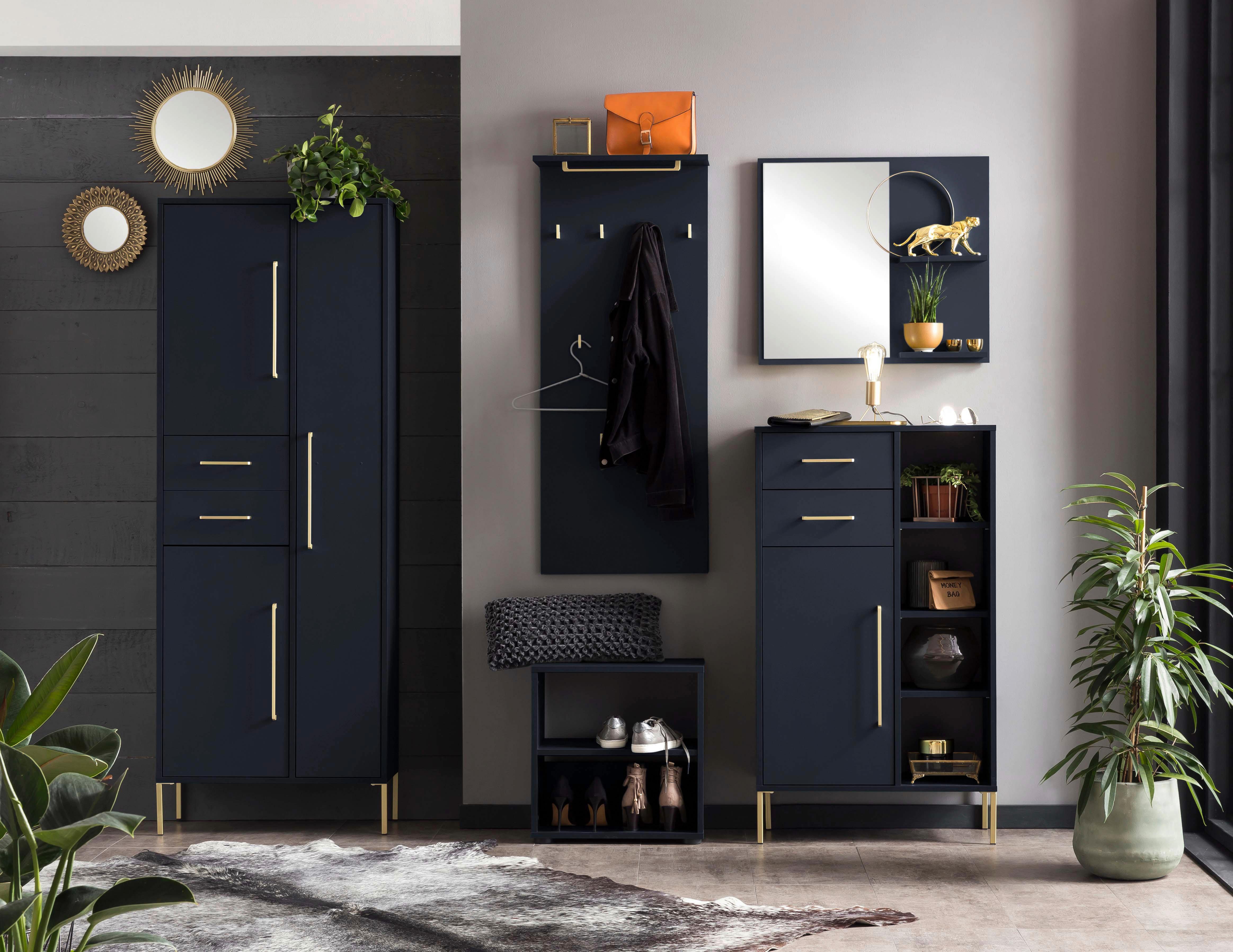 Badezimmer Hochschrank Kenth 67x184,3 cm Dunkelblau - Blau/Goldfarben, Holzwerkstoff (67,1/184,3/33,1cm) - MID.YOU