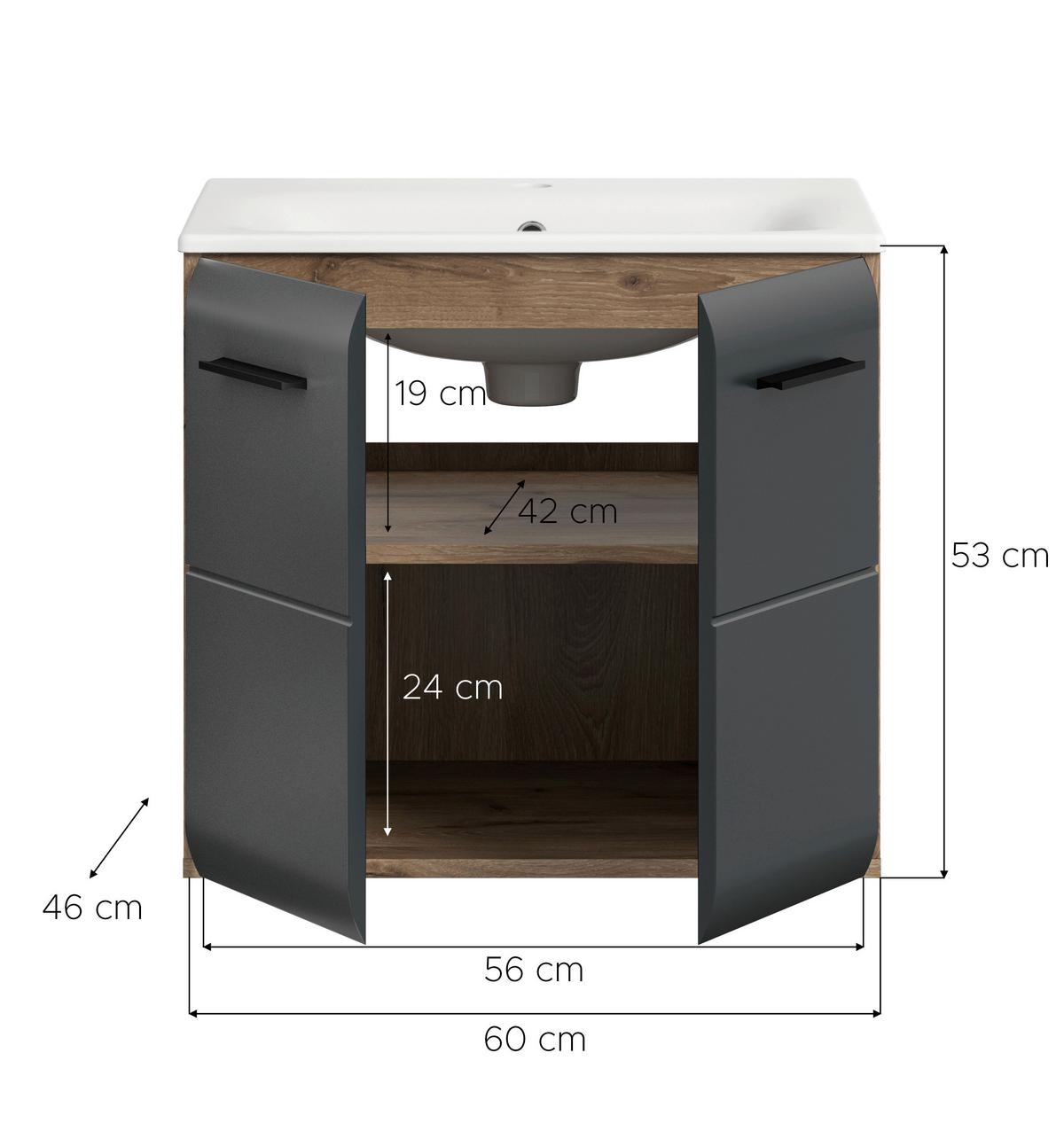 Waschtischkombi Ice Schwarz/Eiche Dekor B: 60cm - Eiche dunkel/Schwarz, Basics, Keramik/Holzwerkstoff (60cm) - MID.YOU