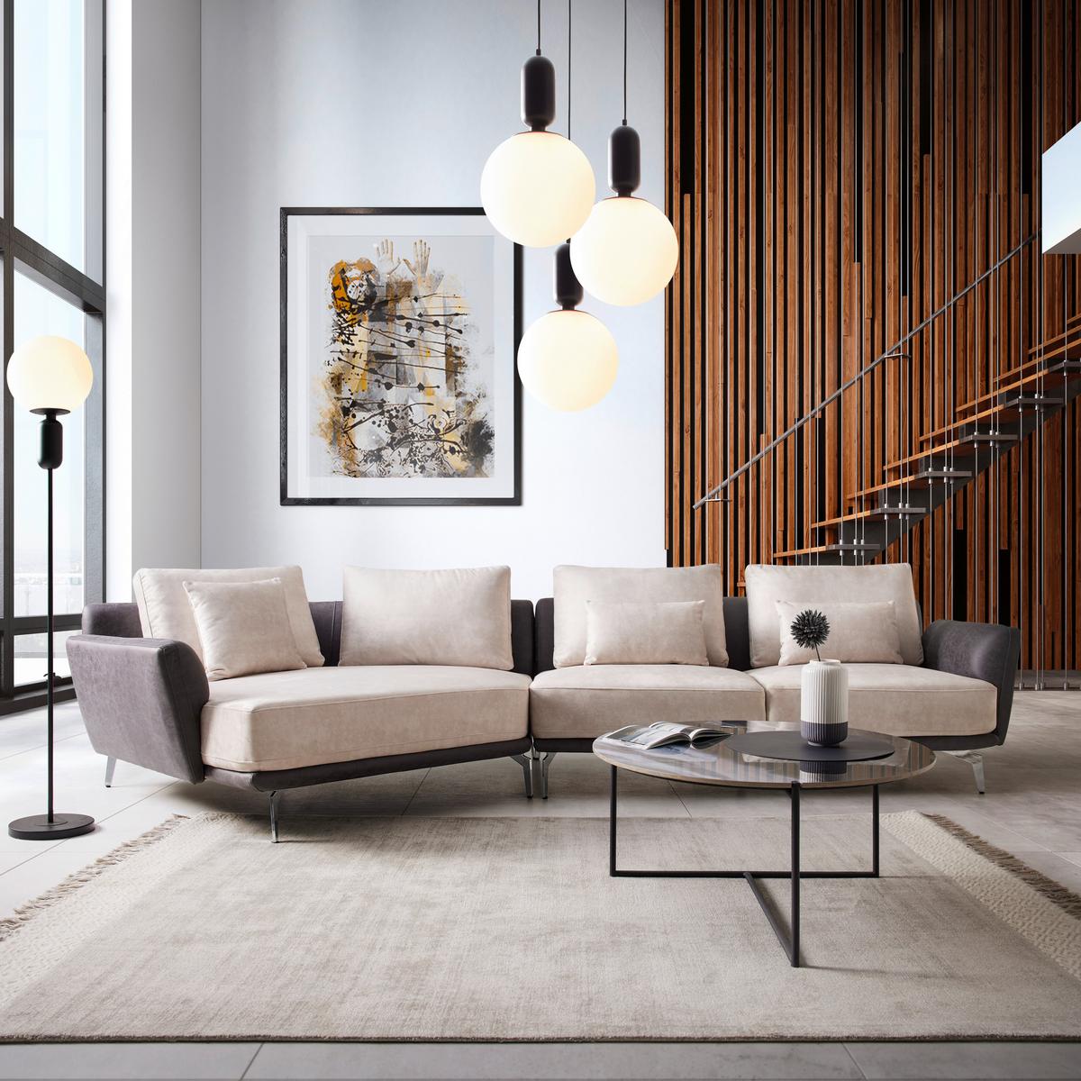 Sedací souprava MARA - tmavě šedá/barvy chromu, Moderní, kov/dřevo (351/69/163cm) - Bessagi Home