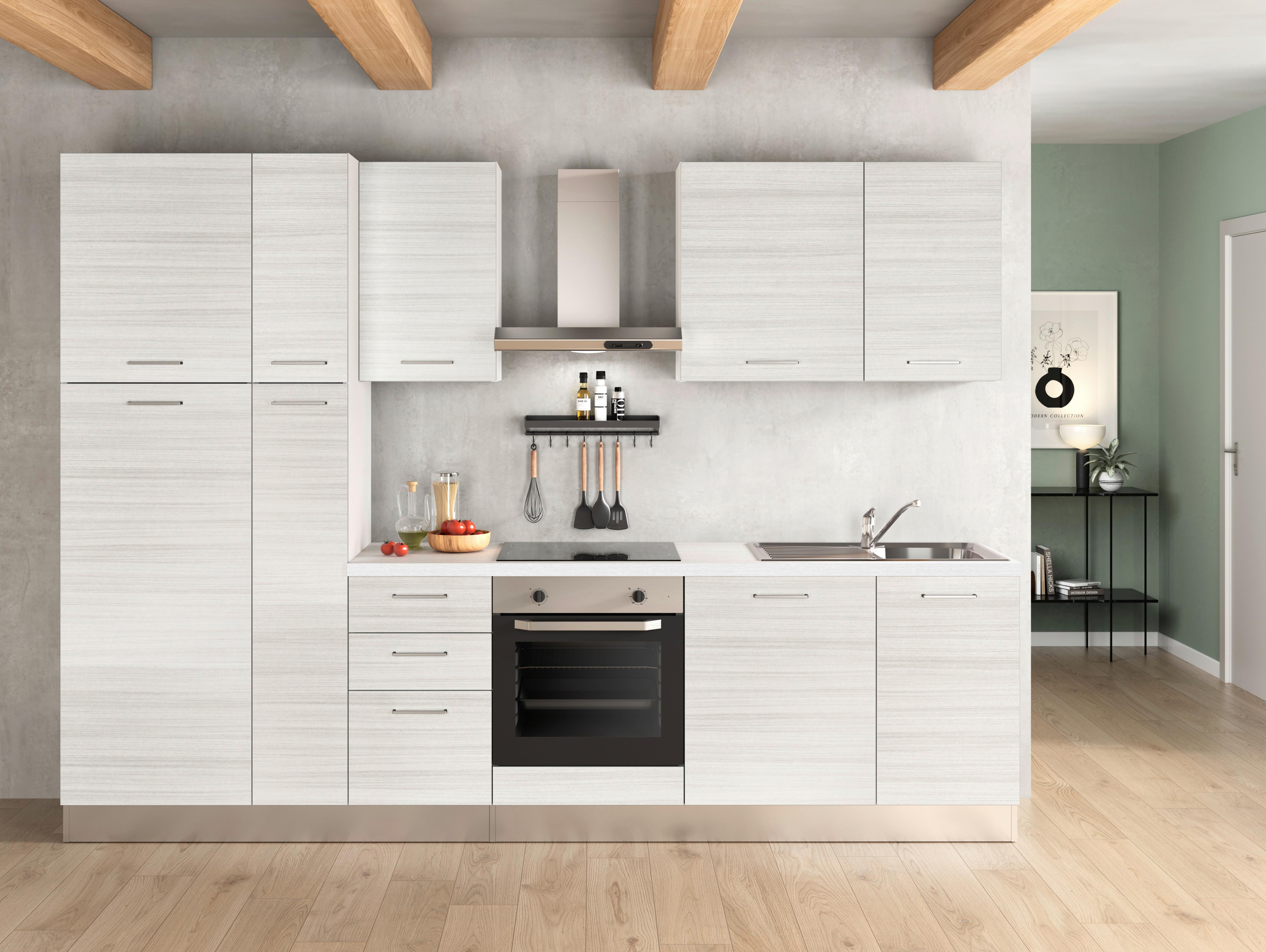 Küchenzeile Olimpia Mit Kühlschrank 300 Cm Weiß - Eukalyptusholzfarben/Alufarben, LIFESTYLE, Holzwerkstoff/Kunststoff (300cm) - MID.YOU
