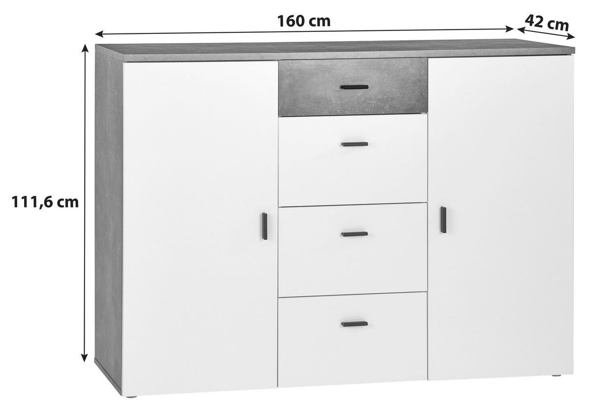 Kommode B: 160 Cm Paul, Betonoptik Dunkel/weiß - Weiß/Grau, MODERN, Holzwerkstoff (160/111/42cm)