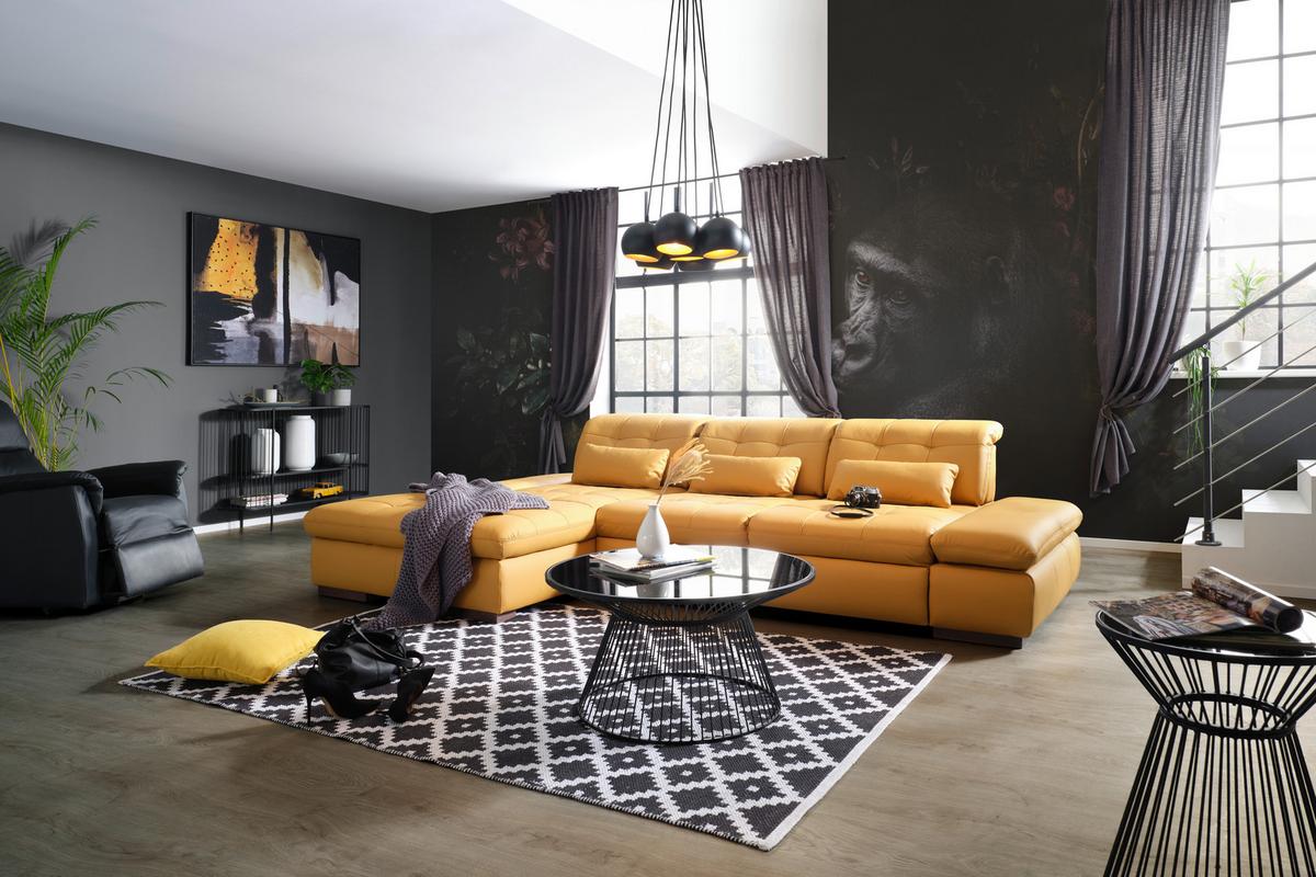 Rohová sedačka SANFINO, ľavá, kari žltá pravá koža - chrómová/kari žltá, Konventionell, kov/koža (199/305cm) - Premium Living