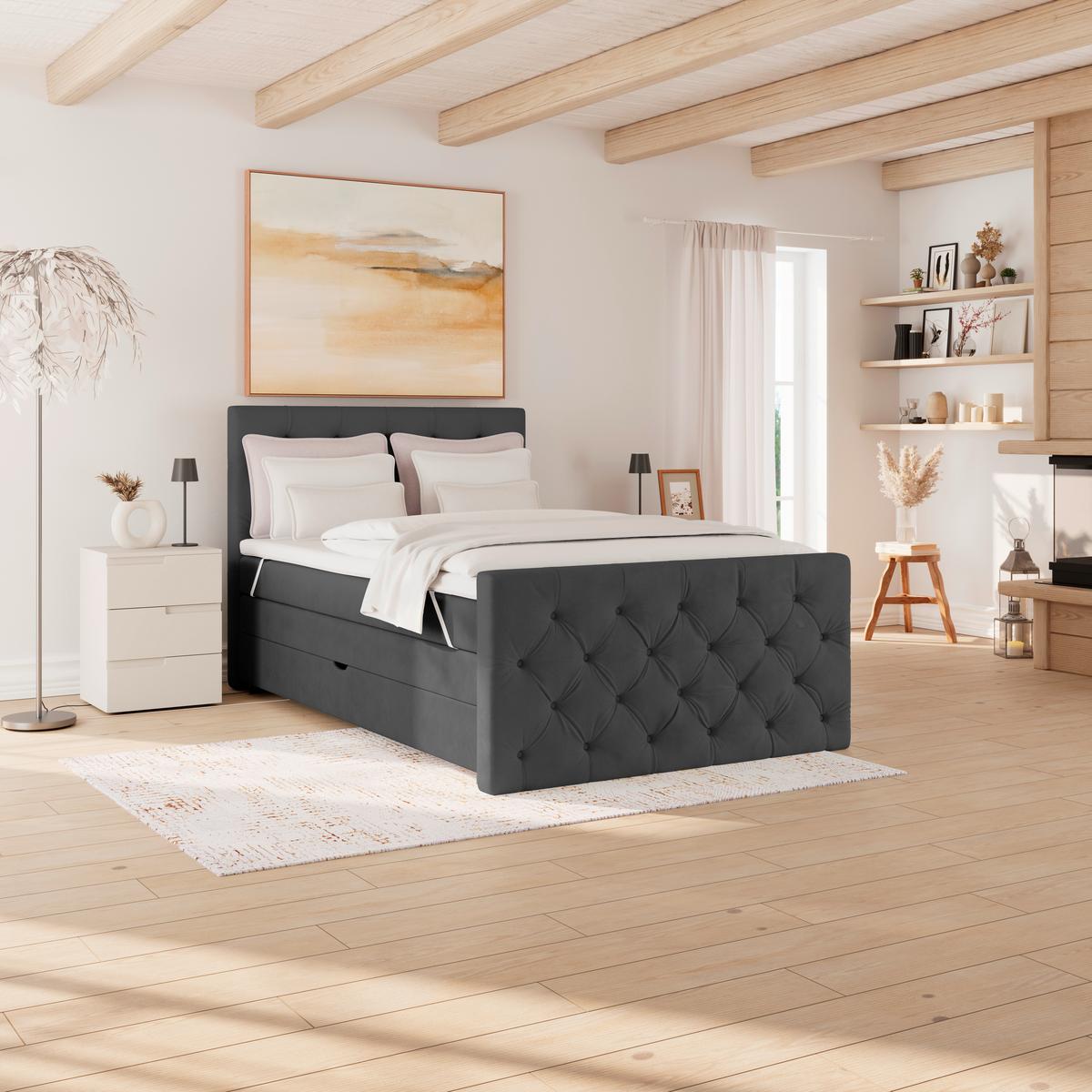 Boxspringbett Elio Graphitfarben 140x200 Cm H2 - Beige/Schwarz, ROMANTIK / LANDHAUS, Textil (140/200cm) - James Wood