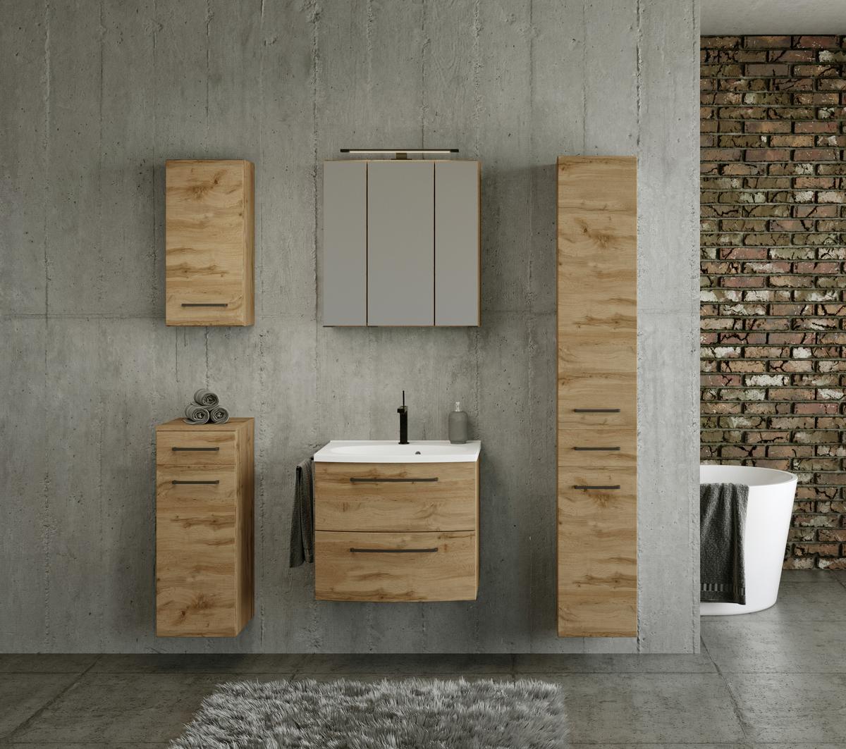 Spiegelschrank Manchester Led 3 Türen 60x64x20 Cm - Eichefarben, MODERN, Glas/Holzwerkstoff (60/64/20cm) - Held