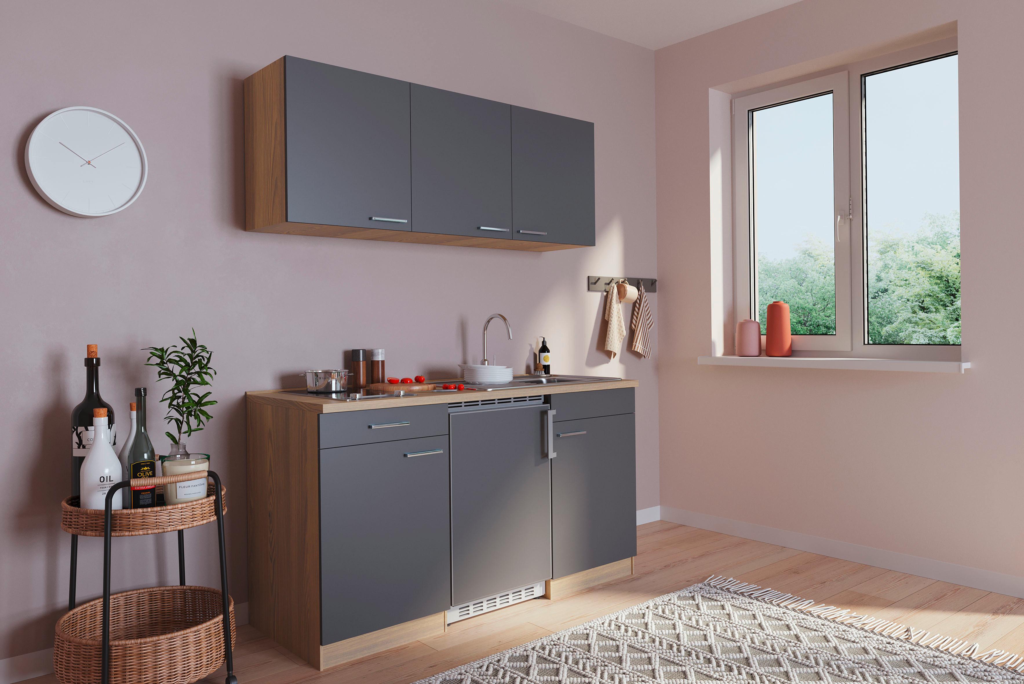 Miniküche mit Kühlschrank + Kochfeld 150 cm Grau/Eiche - Eichefarben/Grau, Basics, Holzwerkstoff (150cm) - Respekta
