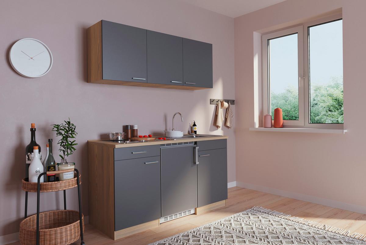 Miniküche mit Kühlschrank + Kochfeld 150 cm Grau/Eiche - Eichefarben/Grau, Basics, Holzwerkstoff (150cm) - Respekta