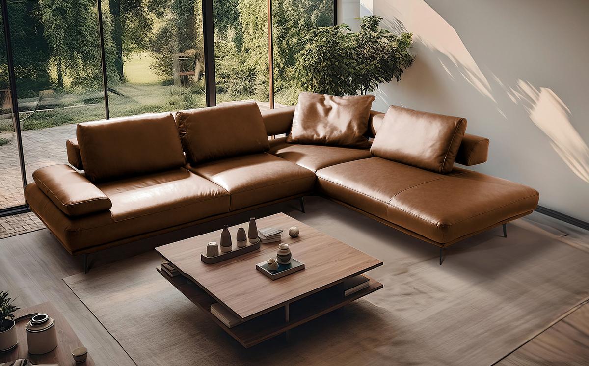 Ecksofa Como Echtleder Cognac 306x237 - Cognac/Schwarz, Design, Leder (306/237cm) - Livetastic