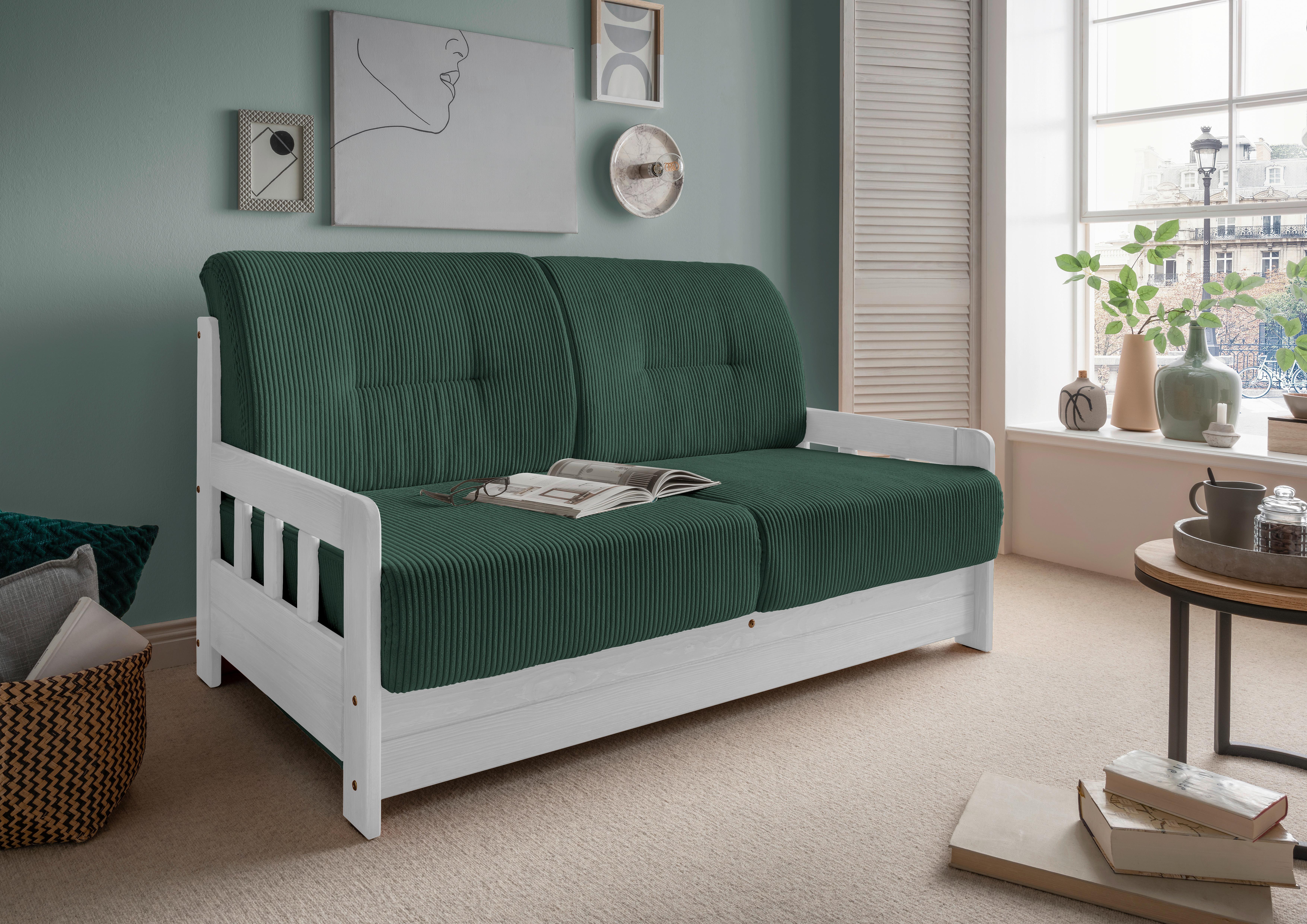 2-Sitzer-Sofa Mit Schlaffunktion Camino B:154 cm - Weiß/Grün, MODERN, Holz/Textil (154/88/90cm) - Livetastic
