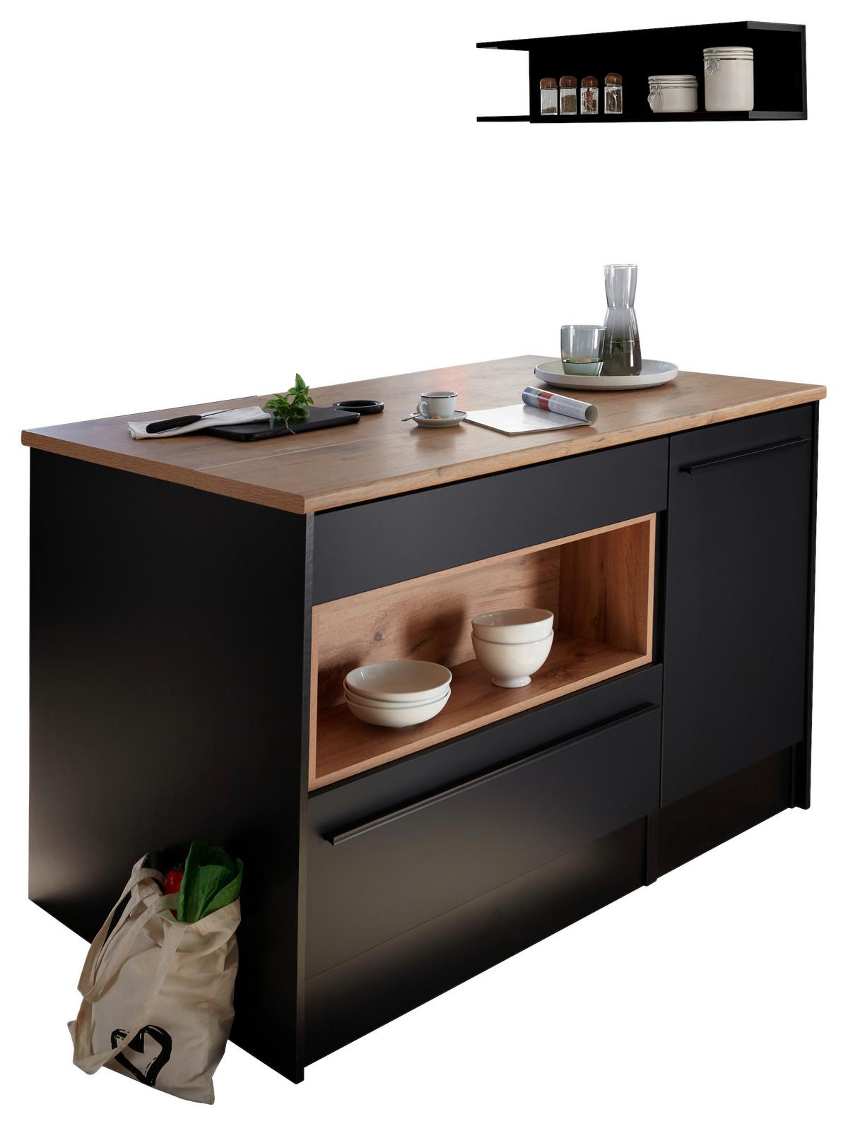 Kuchynský ostrovček JACQUELINE, šírka 145 cm - čierna/farba duba, Konventionell, kompozitné drevo/plast (145/90/90cm) - MID.YOU