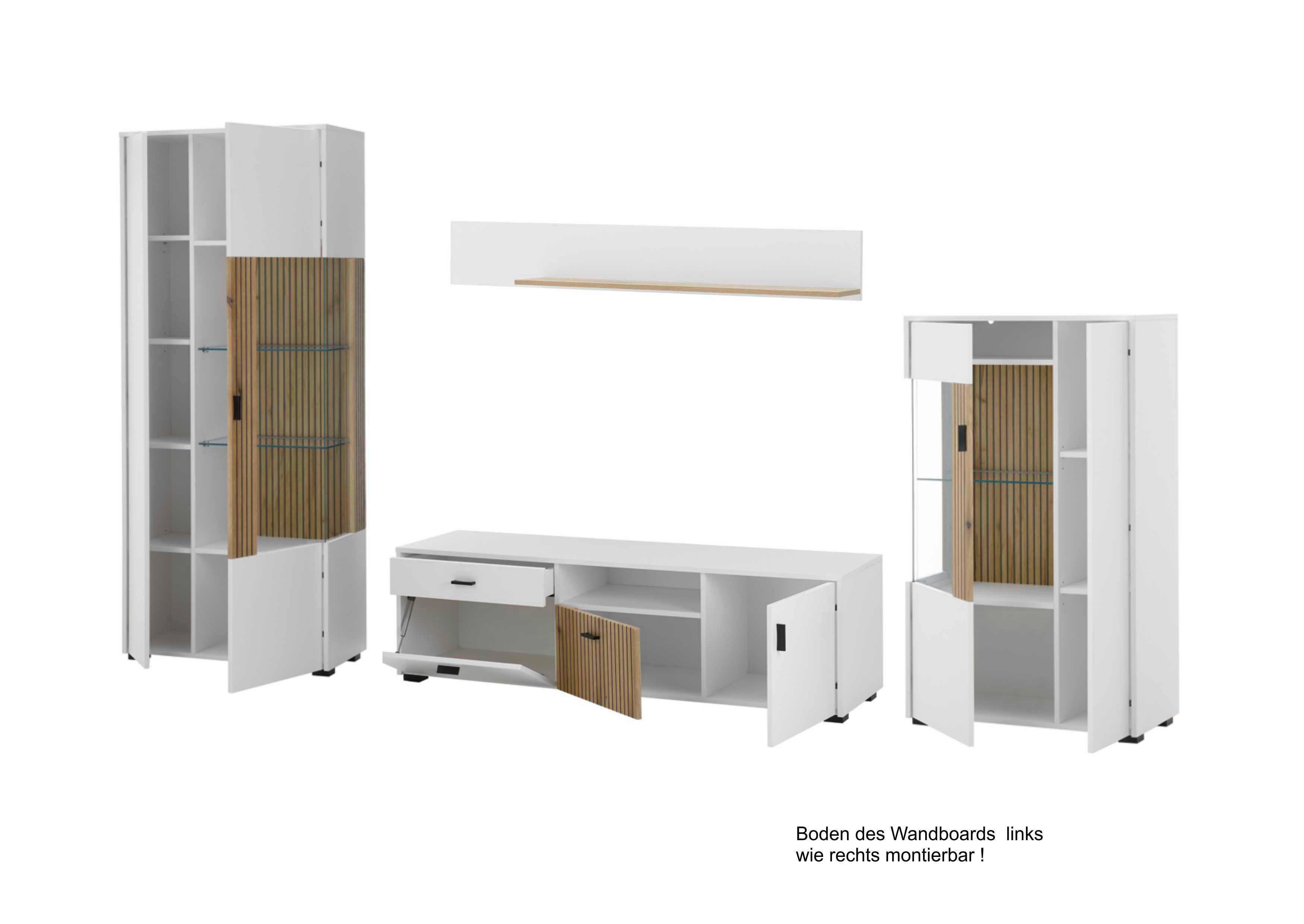Hudson Wohnwand Weiß/Eichefarben B: 320 cm - Eichefarben/Schwarz, Design, Glas/Holzwerkstoff (320/180/42cm) - MID.YOU