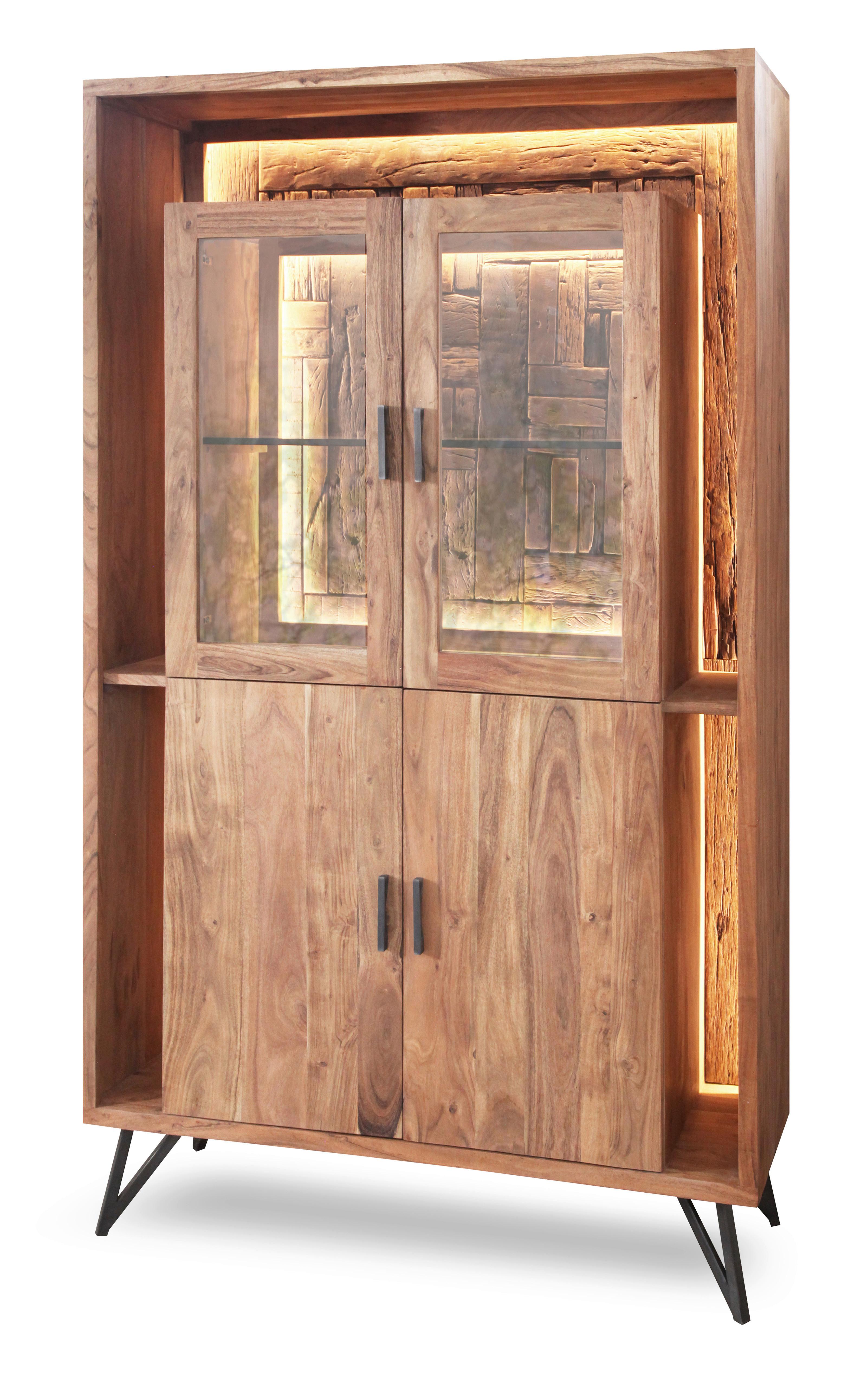 Vitrine Indira Akazie Massiv, B: 115 cm - Schwarz/Akaziefarben, ROMANTIK / LANDHAUS, Glas/Holz (115/195/40cm)