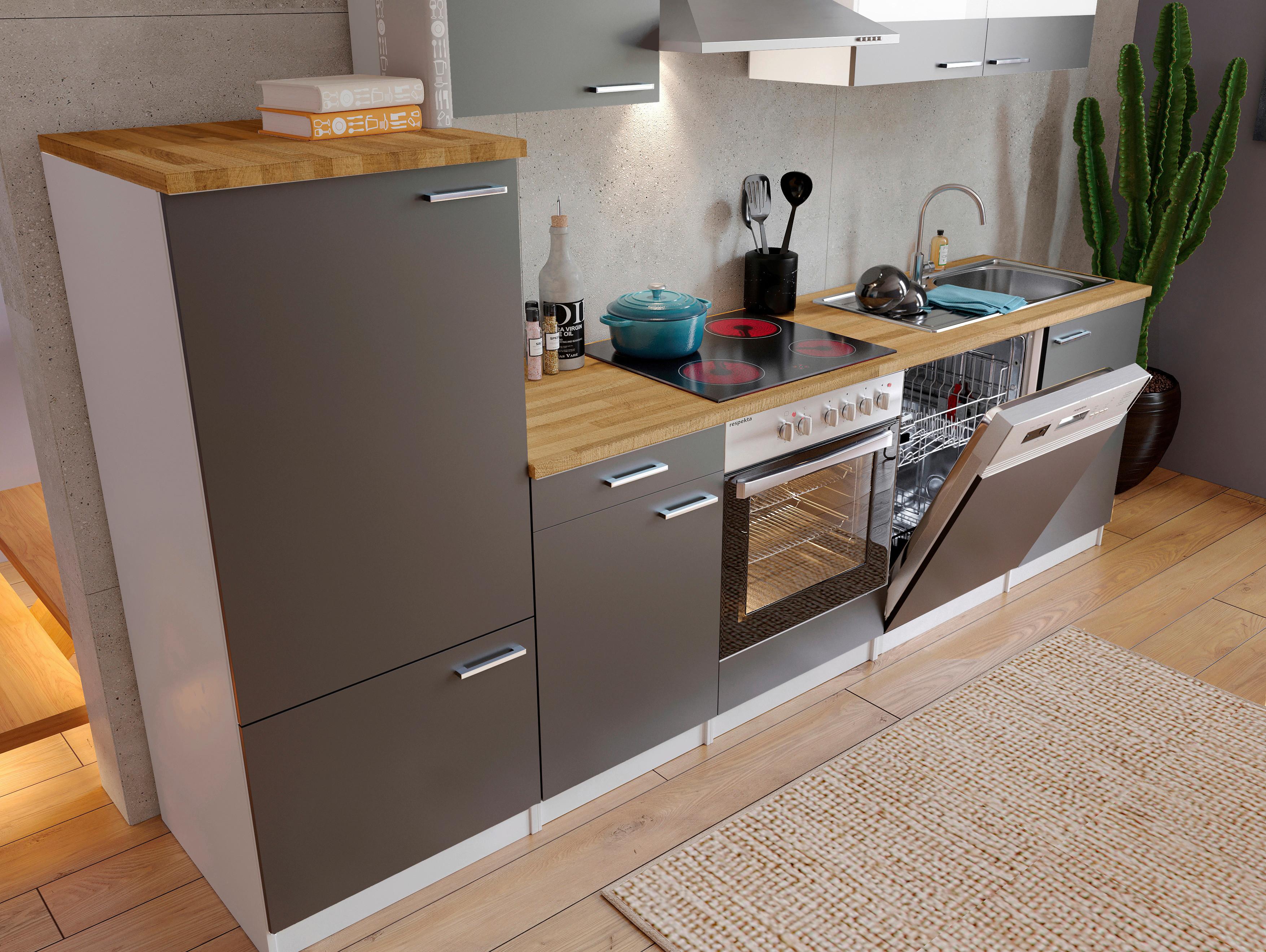 Front: Schwarz • Platte: Nussbaum Dekor • inkl. E-Geräte/Einbauspüle • B/H/T: ca. 280/200/60 cm • max. belastbar: ca. 200 kg