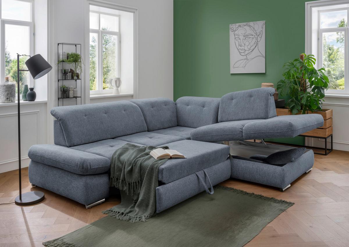 Ecksofa Mit Schlaffunktion Dalida Blau Chenille - Chromfarben/Blau, Design, Textil (280/254cm) - Livetastic