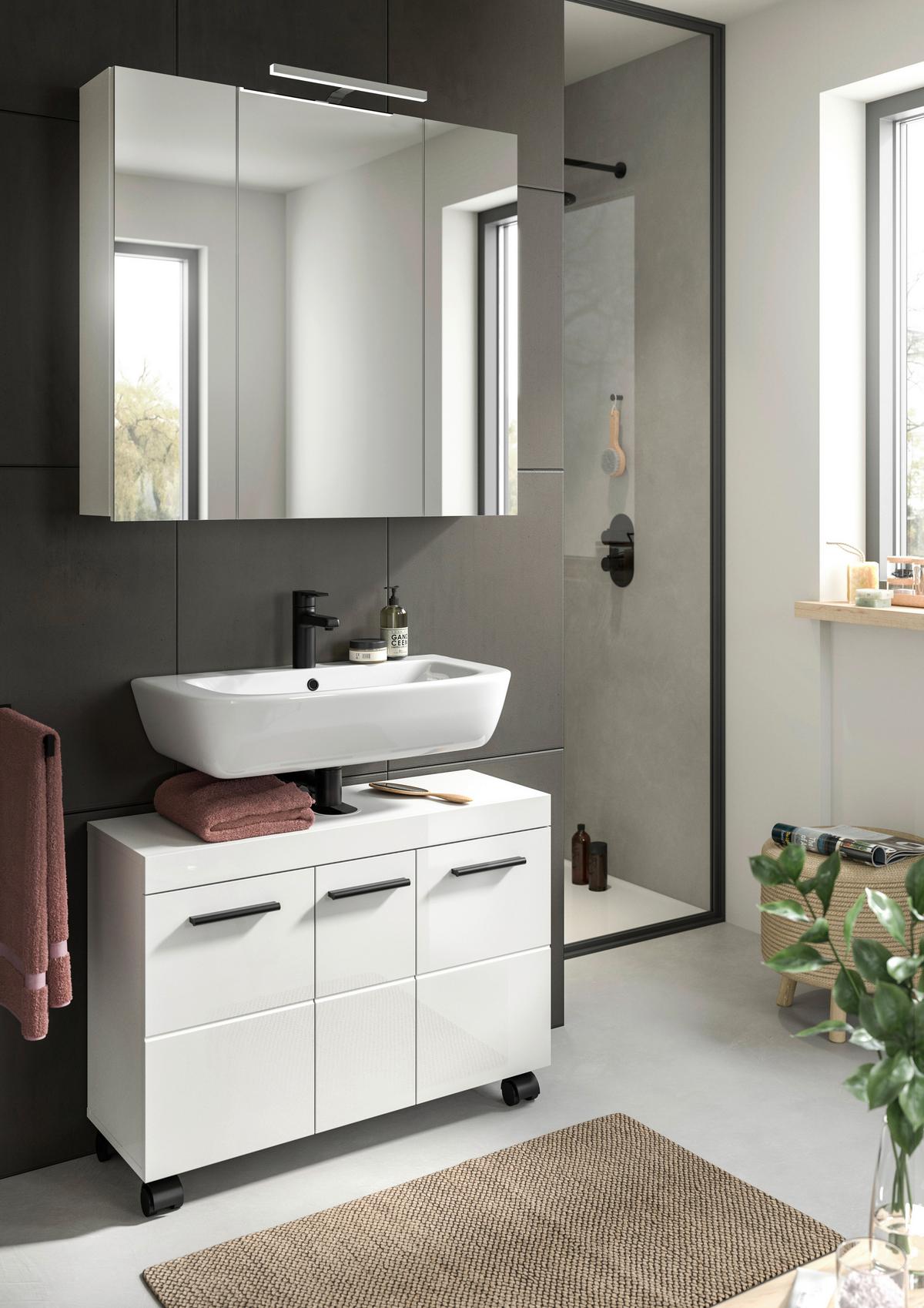 Badezimmer Nova Weiß B: 82cm - Weiß Hochglanz/Schwarz, Trend, Glas/Holzwerkstoff (82cm) - MID.YOU