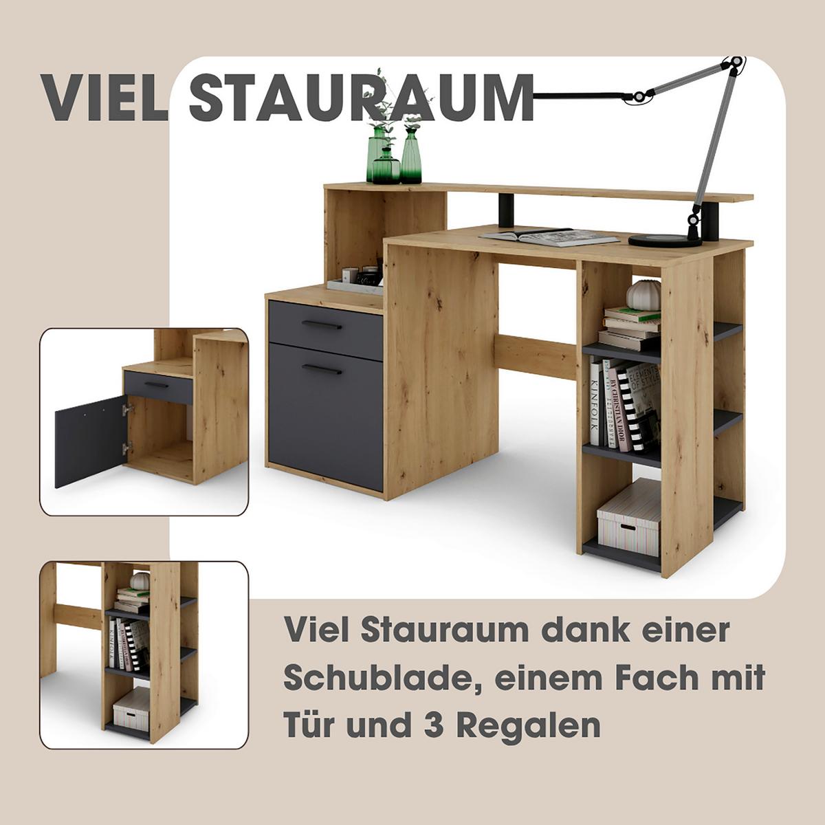 Schreibtisch Louis - Anthrazit/Eiche Artisan, MODERN, Holzwerkstoff (140/55/89cm) - MID.YOU