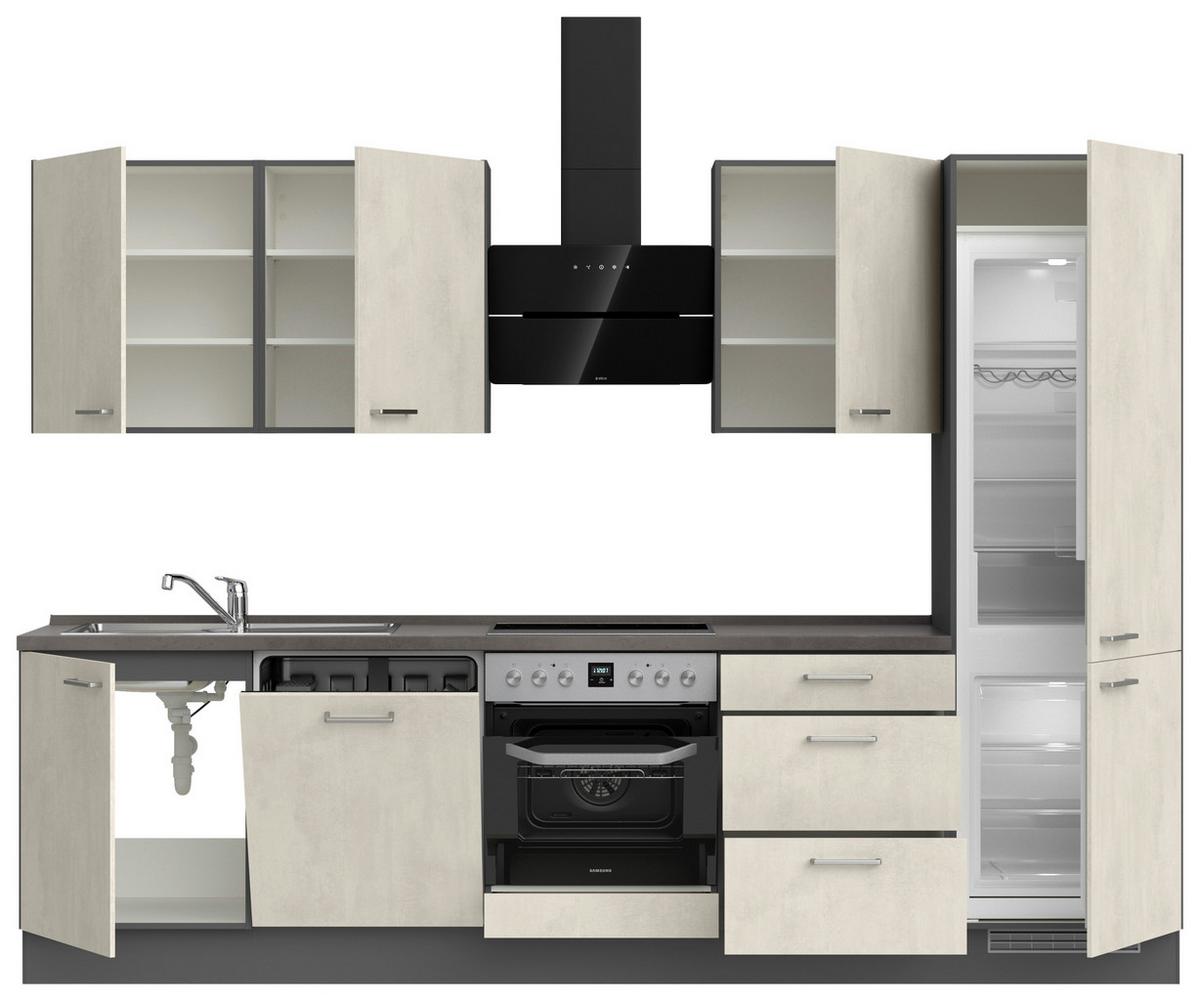 Kuchynská linka 300CM biely betón/ bridlicová šedá - biela/farba ušľachtilej ocele, Modern, kov/kompozitné drevo (300cm) - Nobilia