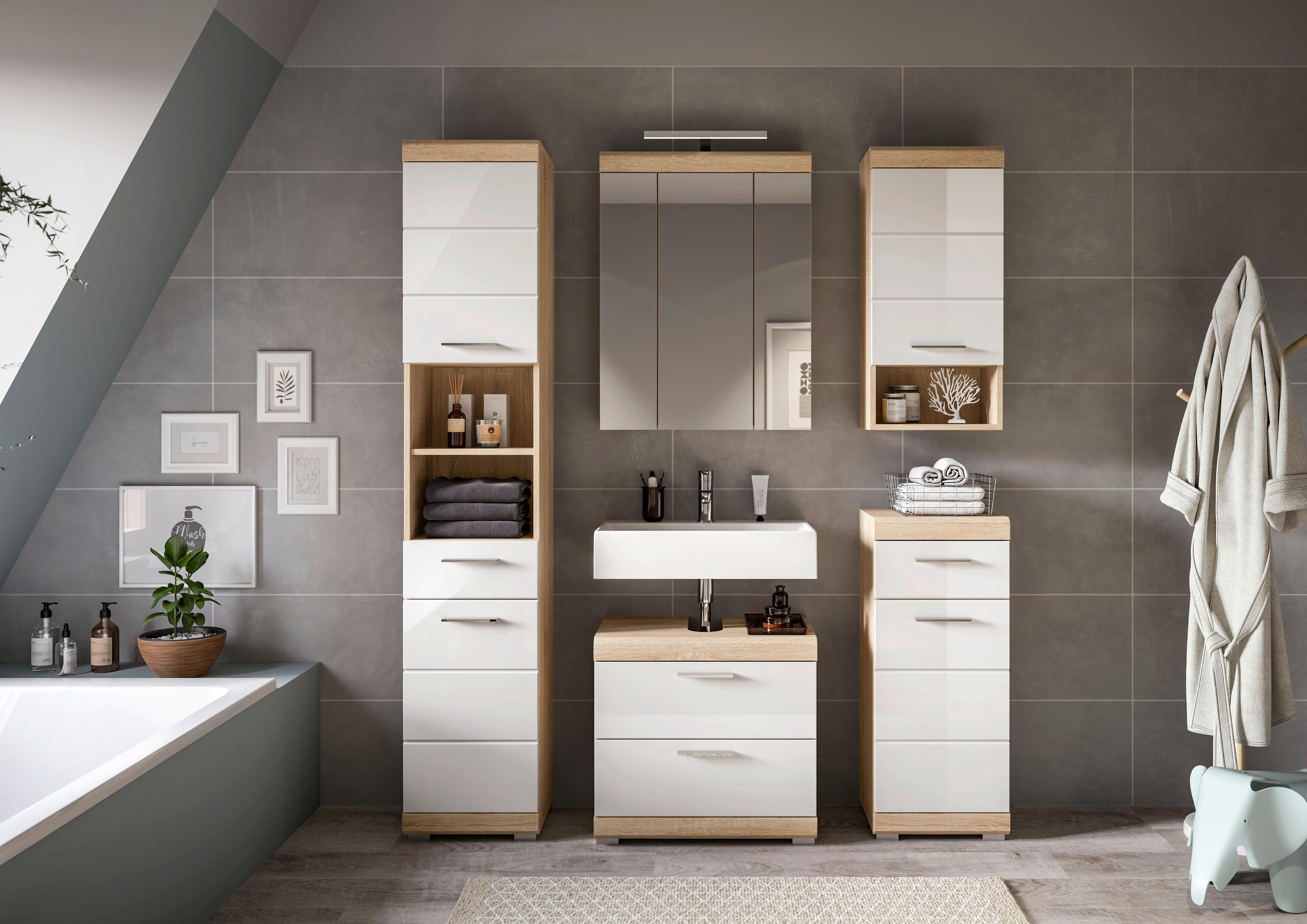 Badezimmer Lambada Eiche Dekor/weiß B: 134 Cm - Weiß Hochglanz/Silberfarben, MODERN, Glas/Holzwerkstoff (134cm) - MID.YOU